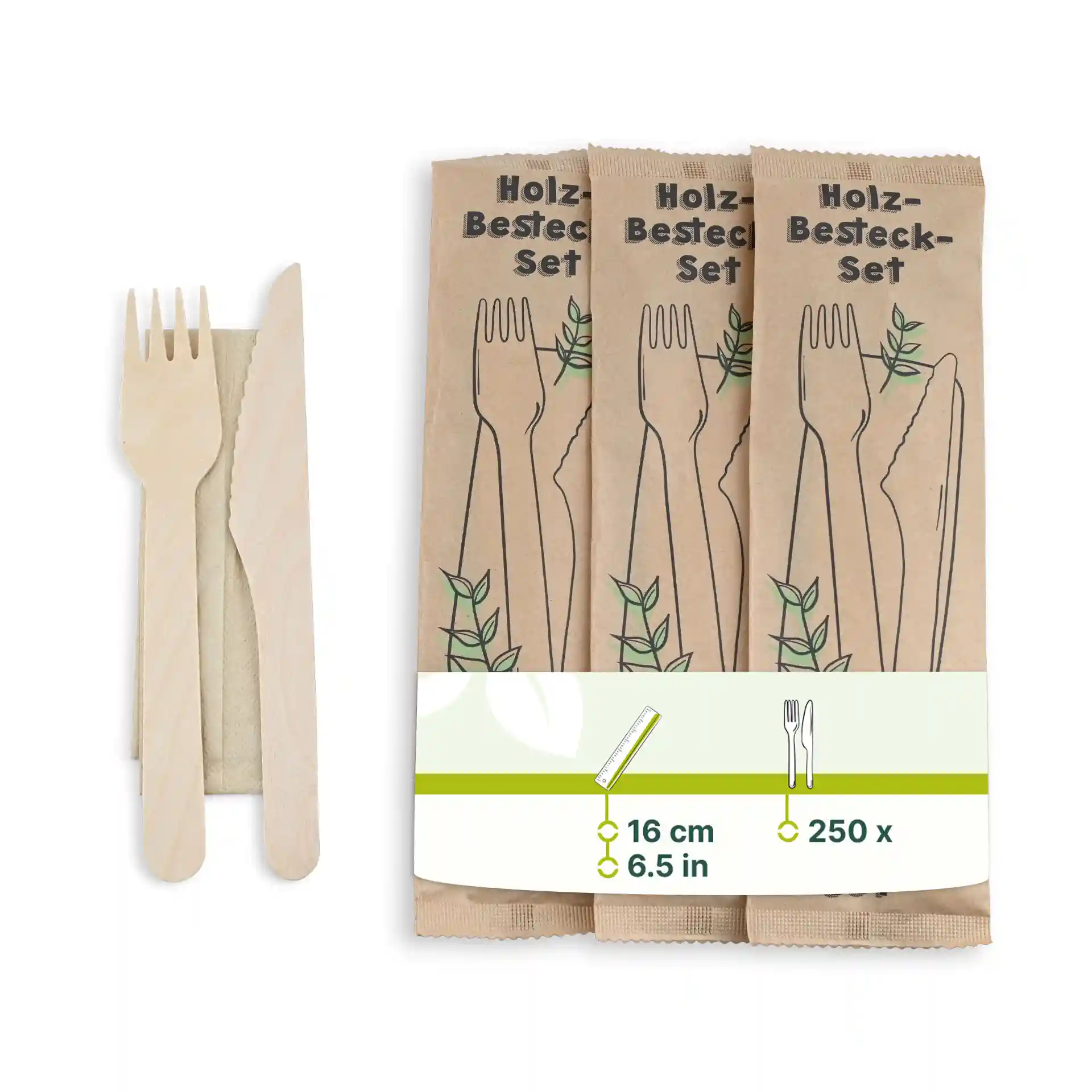 Wooden cutlery set including a knife and fork, packaged with a serviette, on a brown paper background.