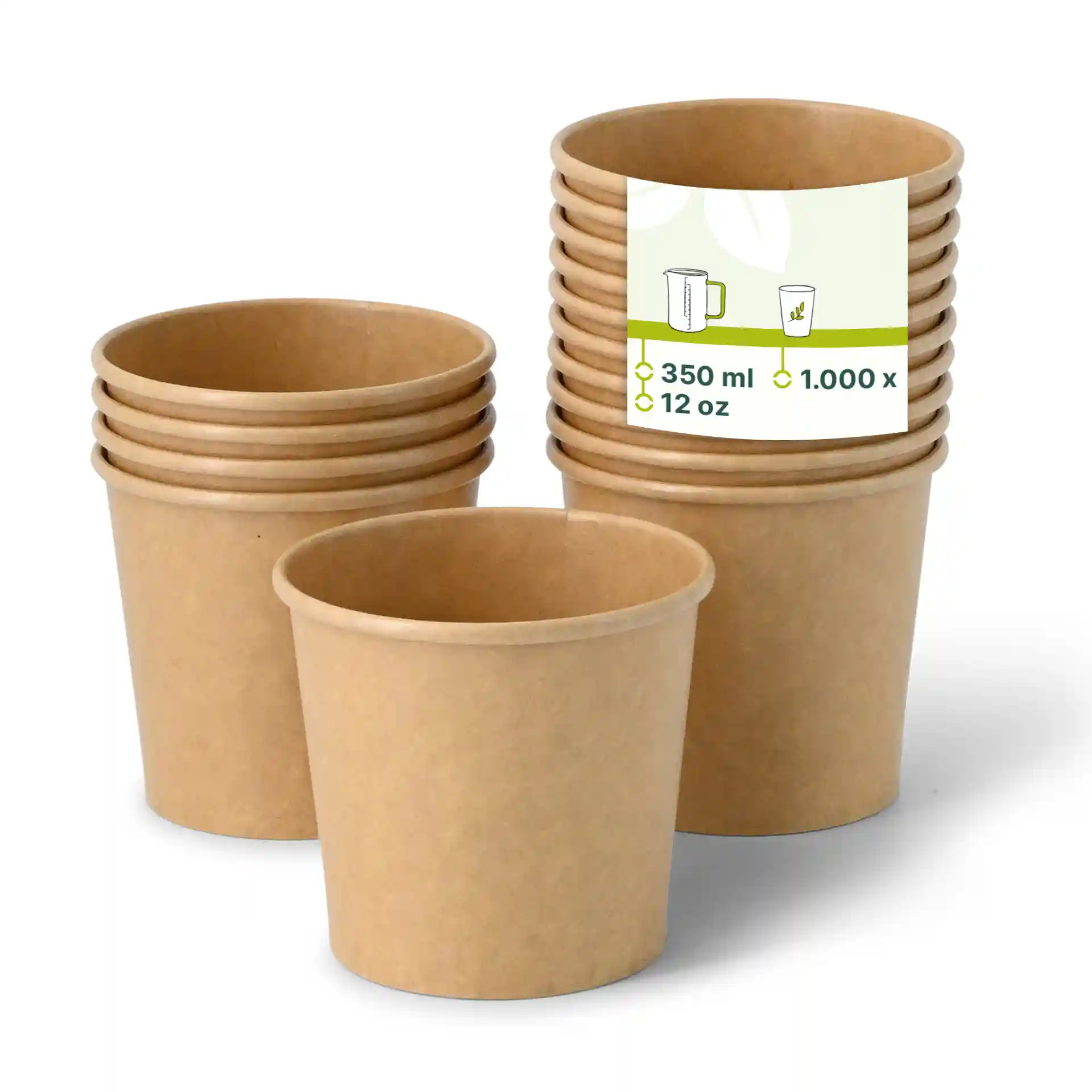Stack of brown paper ice cream tubs, with one tub in front and a label showing capacity and quantity.