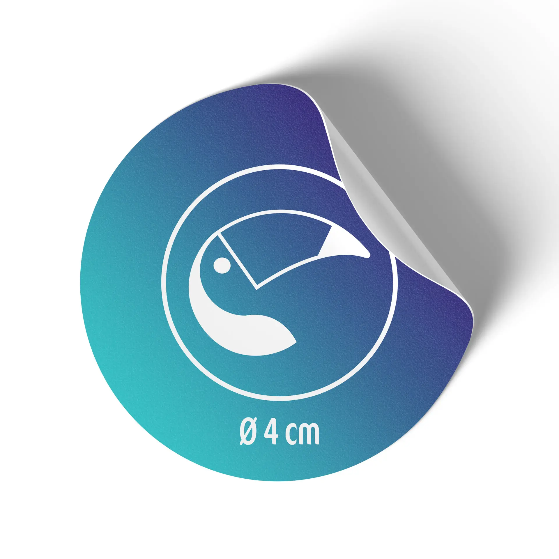 Round printed label with white matte finish, featuring a logo design and measuring 4 cm in diameter.