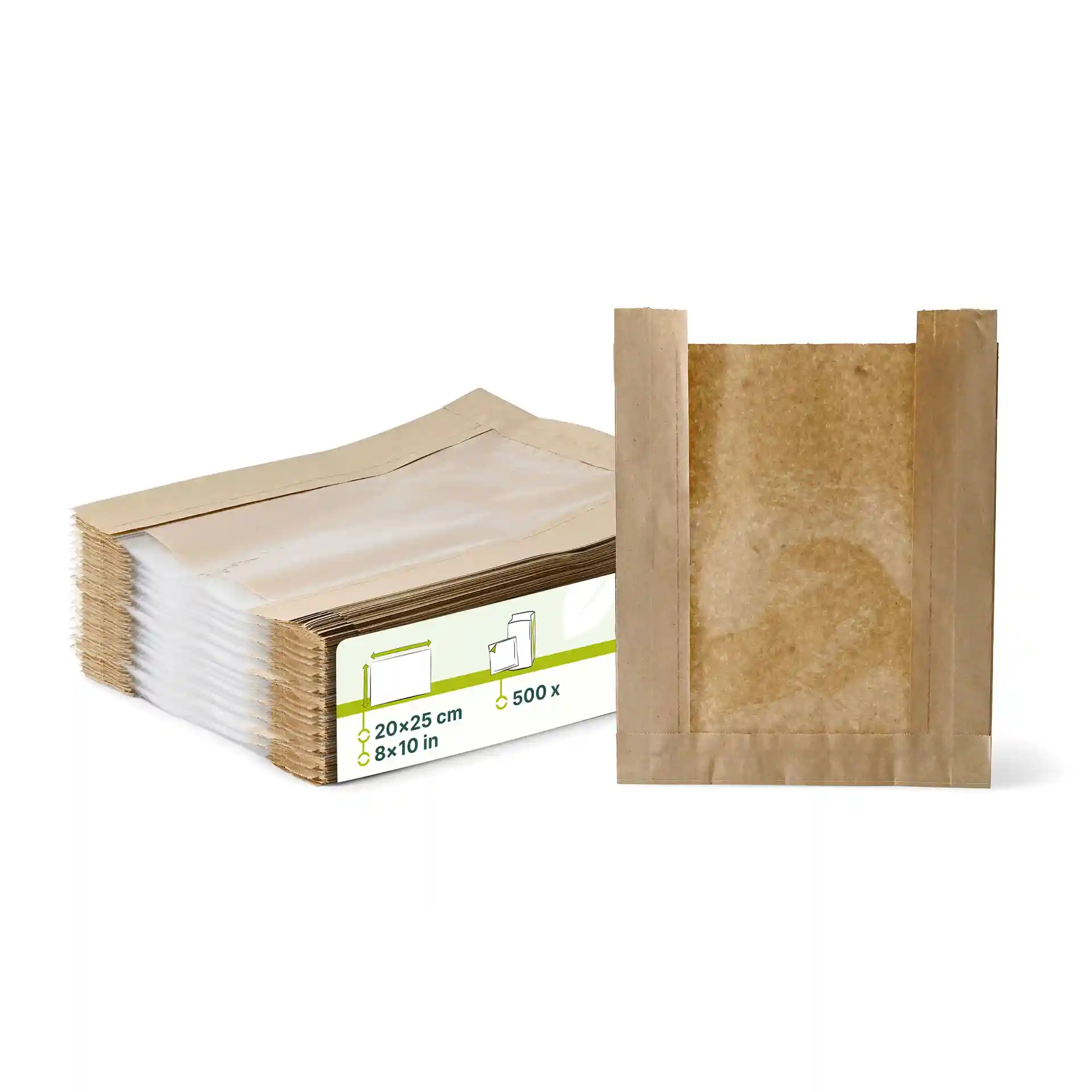 Brown flat paper bread bags with a viewing window, dimensions 20 x 25 cm, stacked with one bag displayed upright.