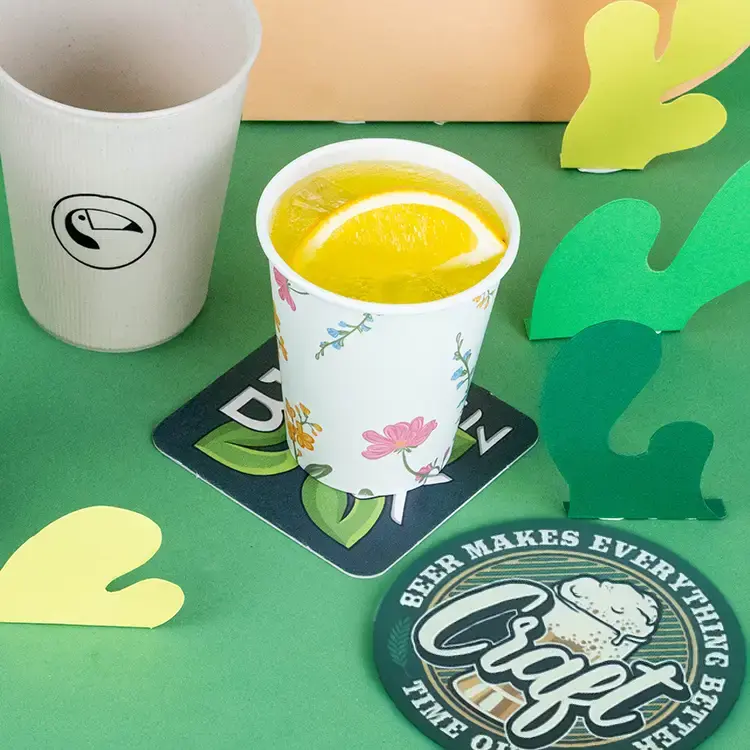 Coaster featuring the text "Craft" with a beer illustration, surrounded by decorative elements and a mint drink.