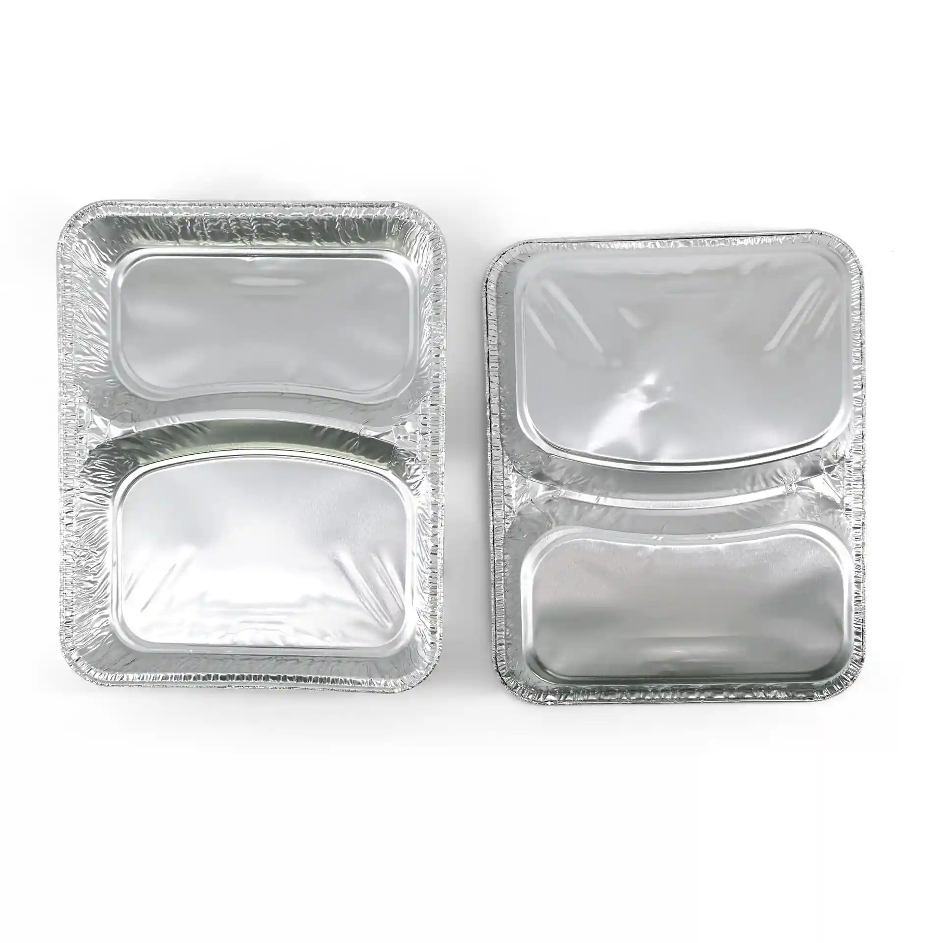 Two rectangular aluminium meal trays with two compartments, measuring 22.7 x 17.7 cm.