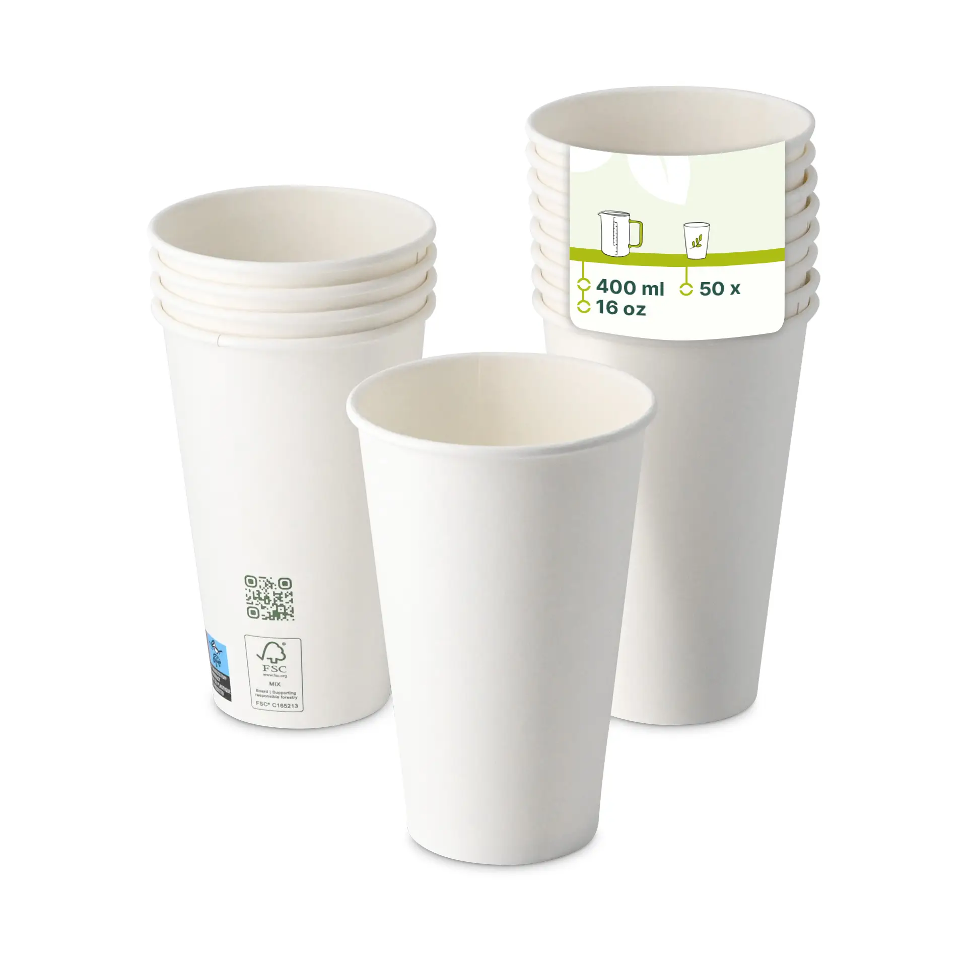 One white paper cup in focus, surrounded by several similar cups, with a label displaying product details on one cup.