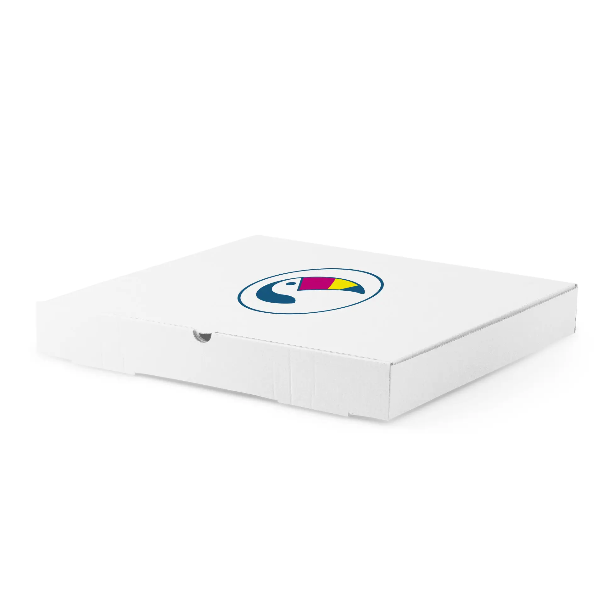White pizza box with a circular logo featuring a colorful toucan design, measuring 32 x 32 x 4 cm.