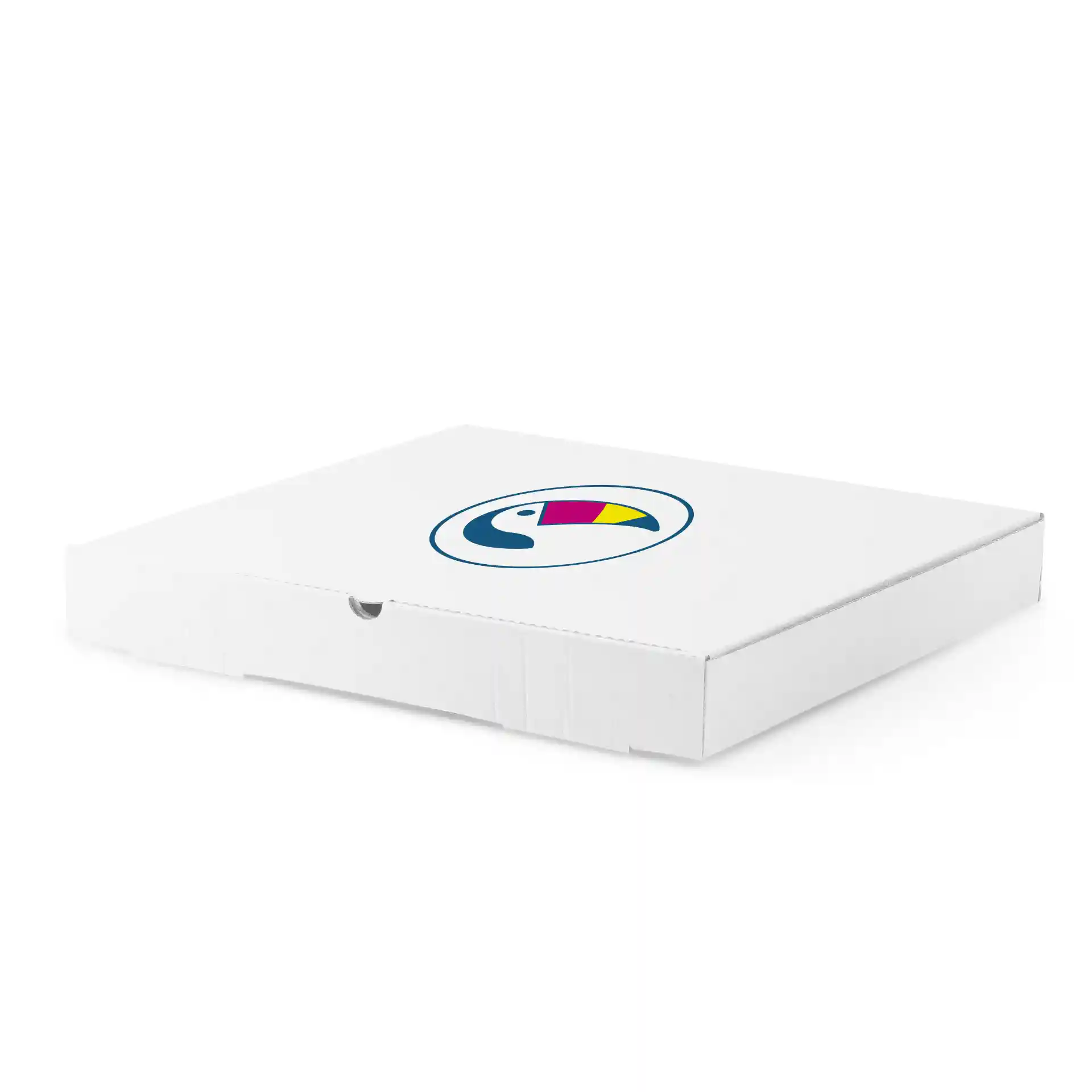 White pizza box with a circular logo featuring a colorful toucan design, measuring 32 x 32 x 4 cm.