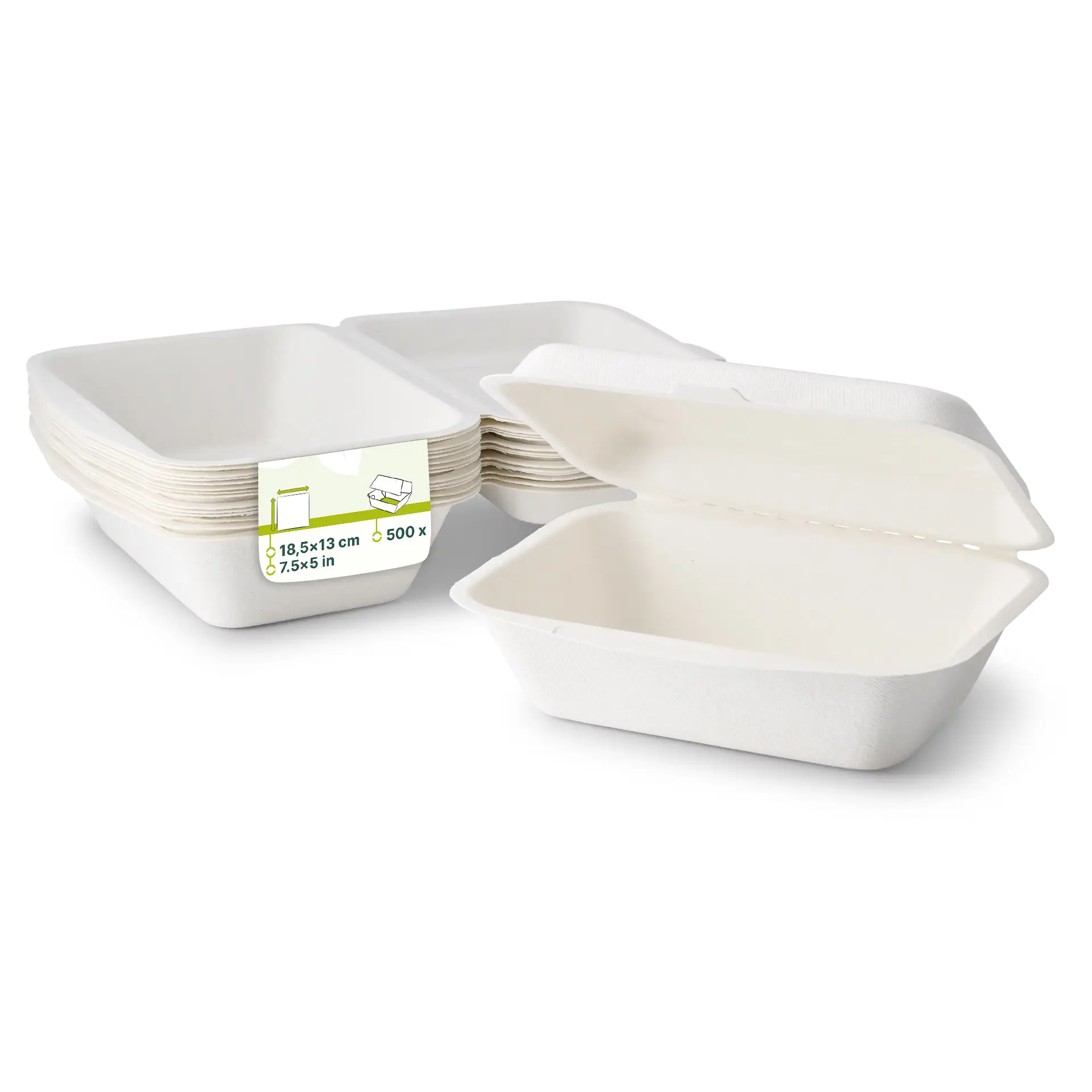 Sugarcane food containers 18.5 x 13 x 6.5 cm, hinged-lid, rectangular Sugarcane food containers 18.5 x 13 x 6.5 cm, hinged-lid, rectangular