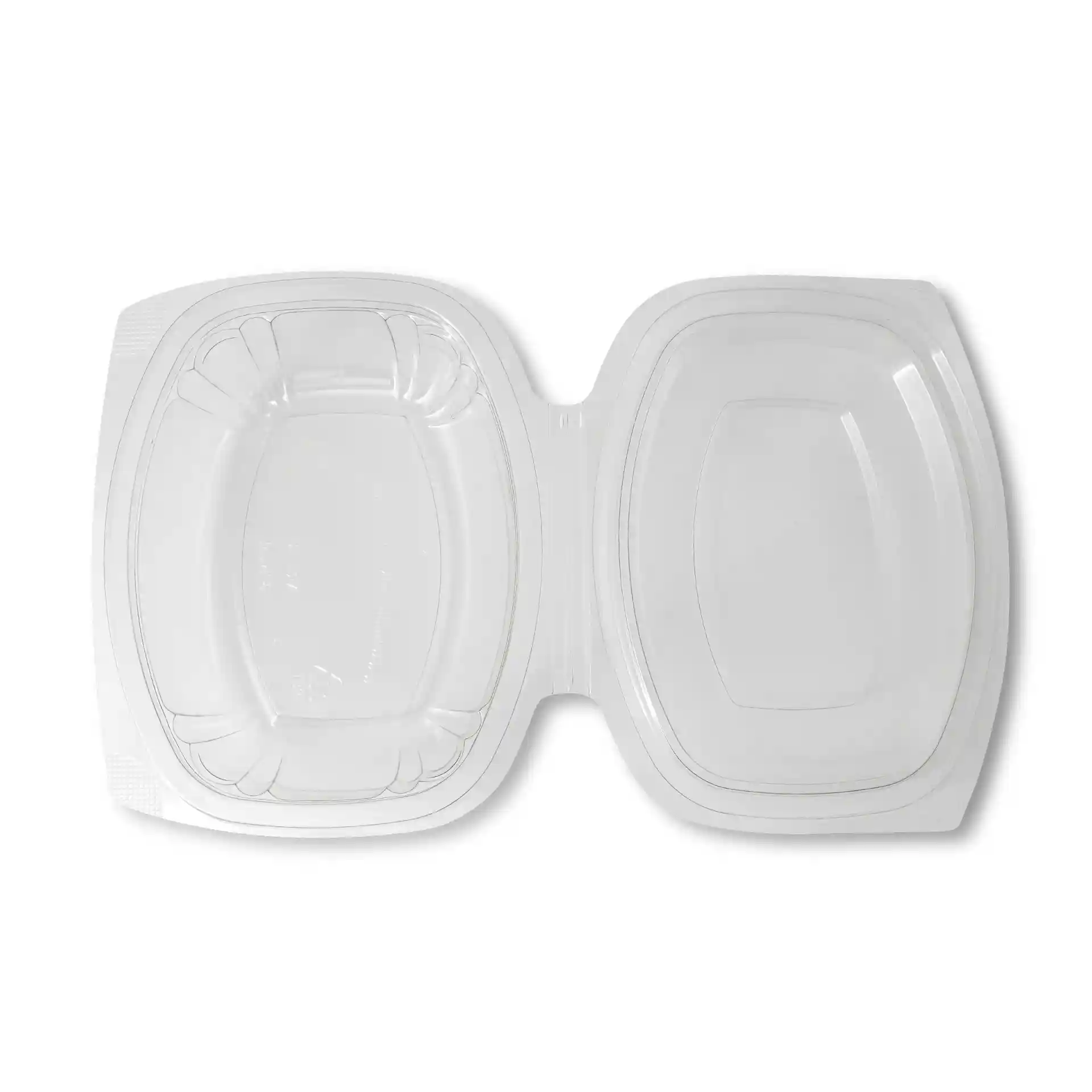 Transparent rectangular PLA deli bowl with a folding lid, measuring 159 mm in length and 130 mm in width.