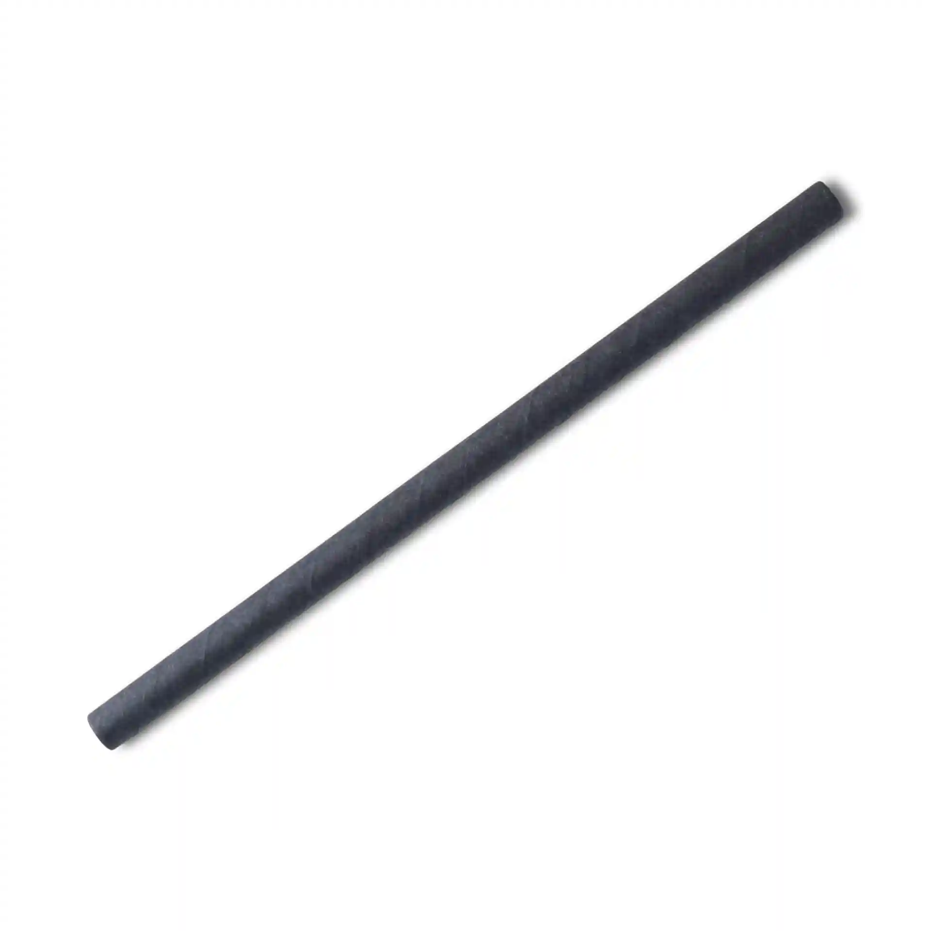 Black paper cocktail straw, 15 cm long and 0.7 cm in diameter, on a plain white background.