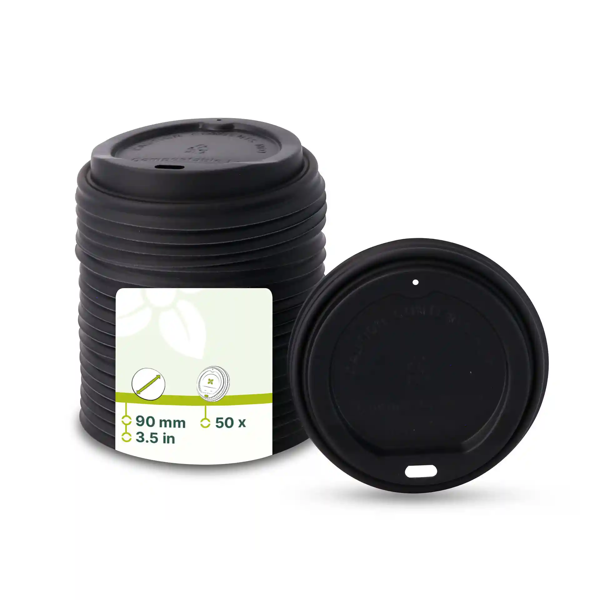 Black CPLA lid with a drinking hole, 90 mm diameter, stacked with one lid shown separately.