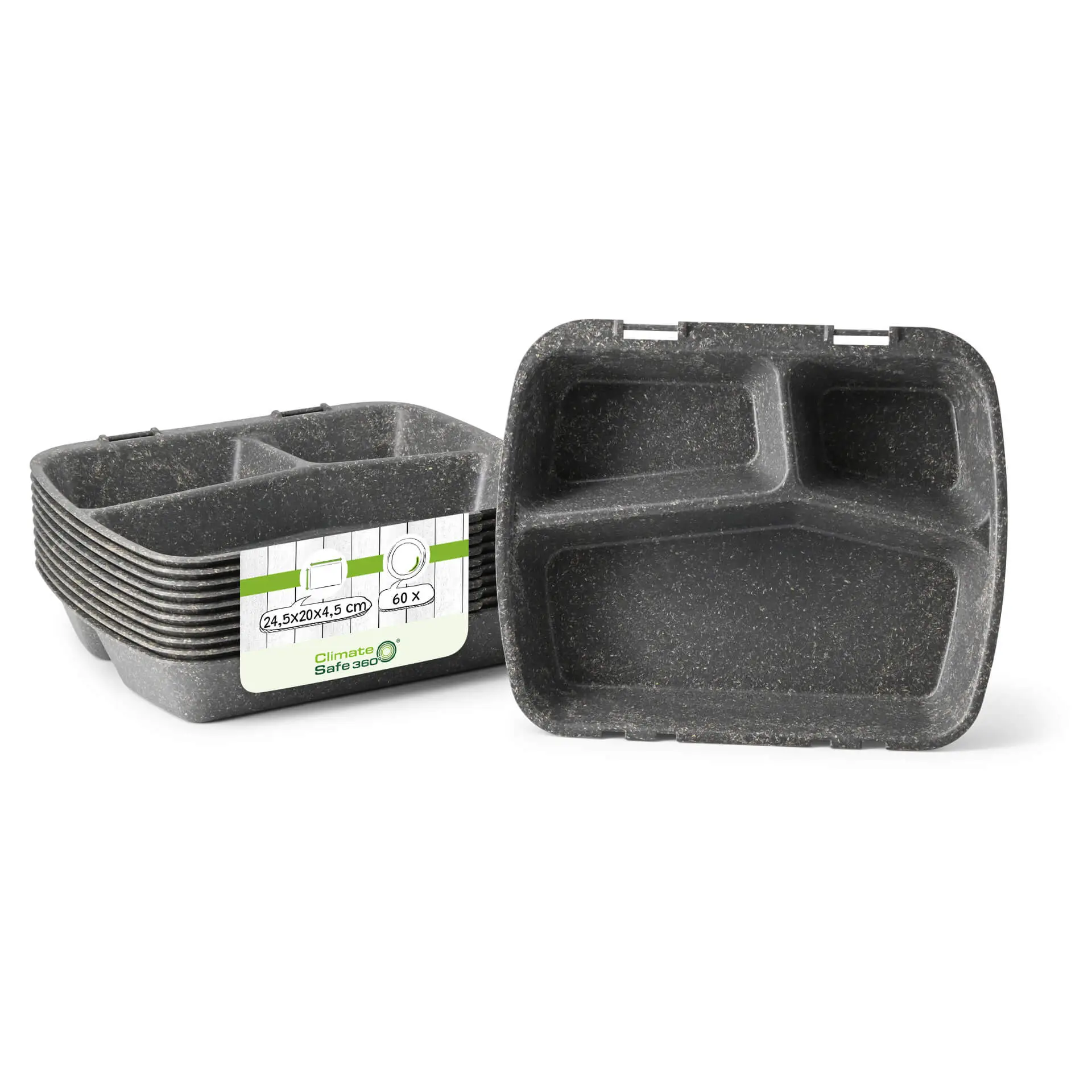 Reusable meal container "merways Box" 24.5 x 20 x 4.5 cm, 3 compartments, HP4/3, pepper / grey dfc00853-mehrweg-menue-behaelter-merways-box-245-x-20-x-45-cm-3-kammern-hp43-pfeffer-grau