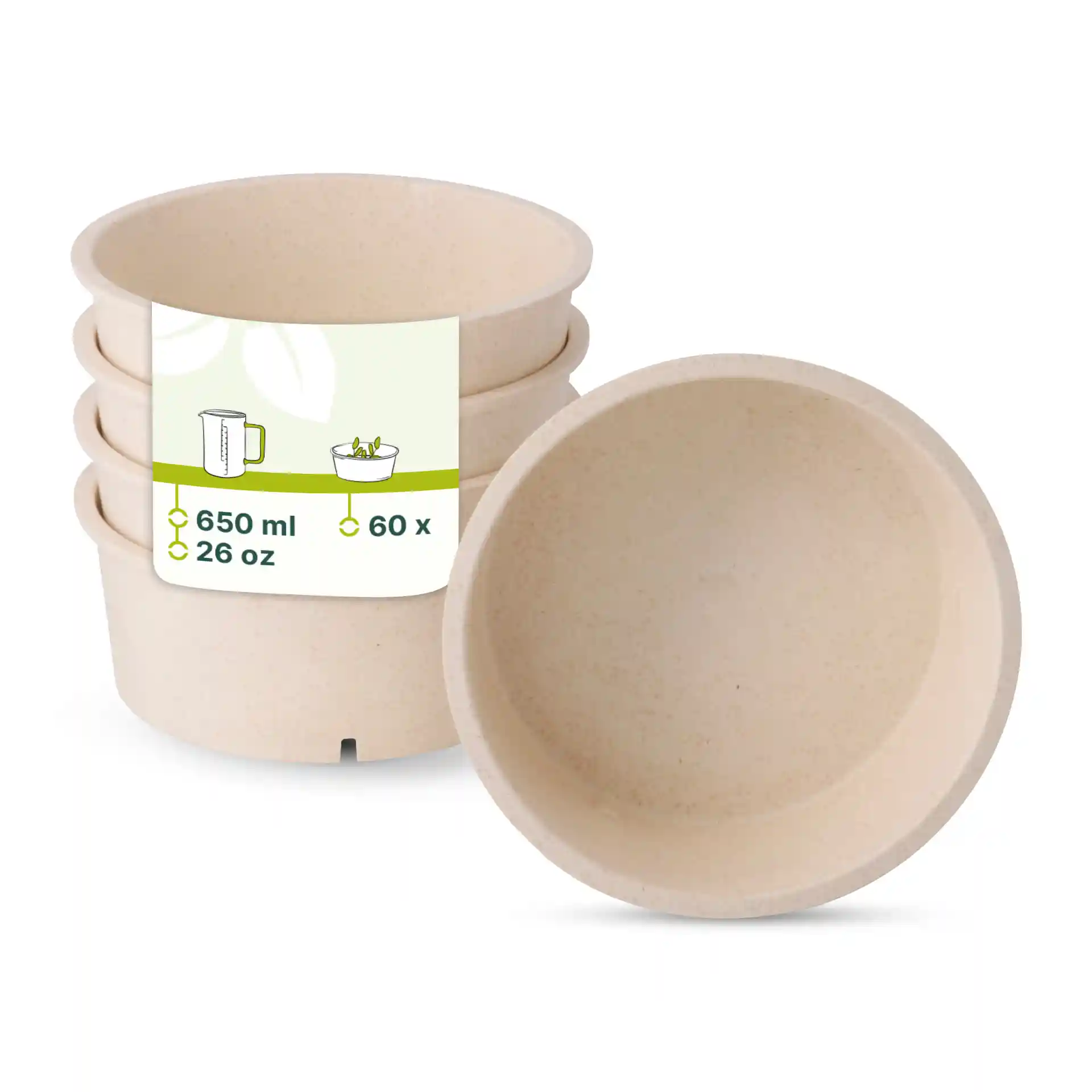 Set of four cream white reusable bowls, 650 ml capacity, round shape, with a label showing illustrations and measurements.