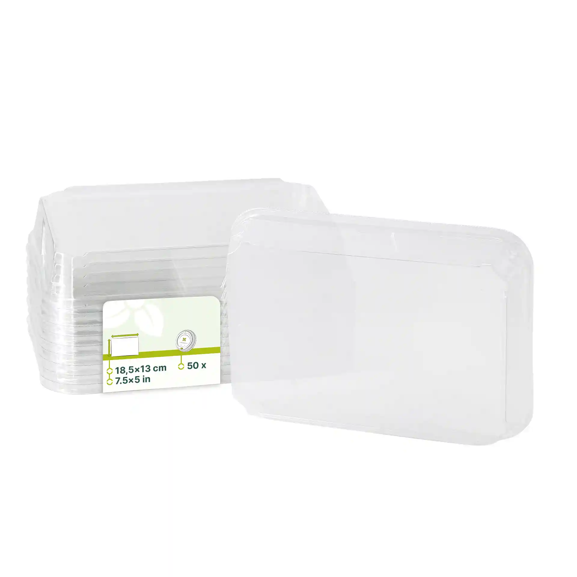 Transparent PET lids for sushi boxes, measuring 18.5 x 13 cm, stacked with a label visible.