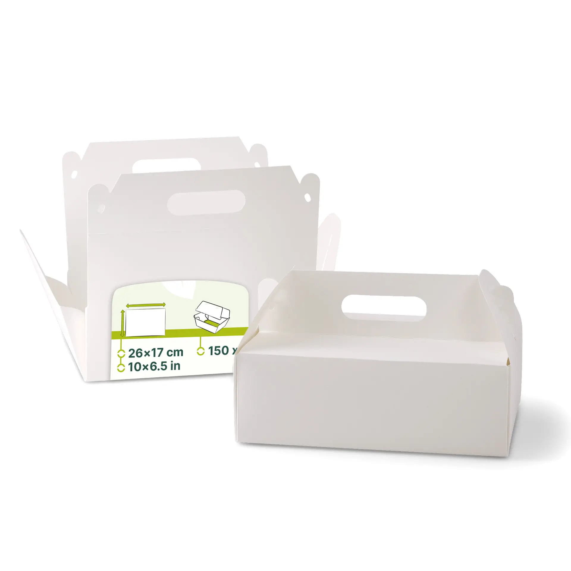 Cardboard-pastry boxes with handle L, 26 x 17 x 9 cm, white, foldable