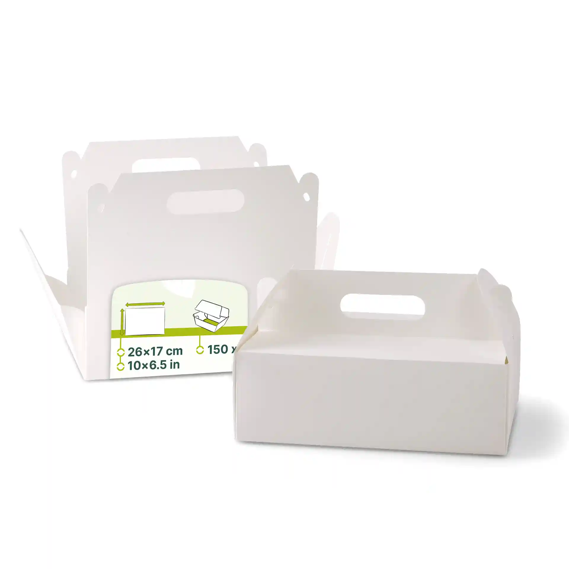 White cardboard pastry boxes with handles, rectangular shape, dimensions 26 x 17 x 9 cm, two boxes shown.