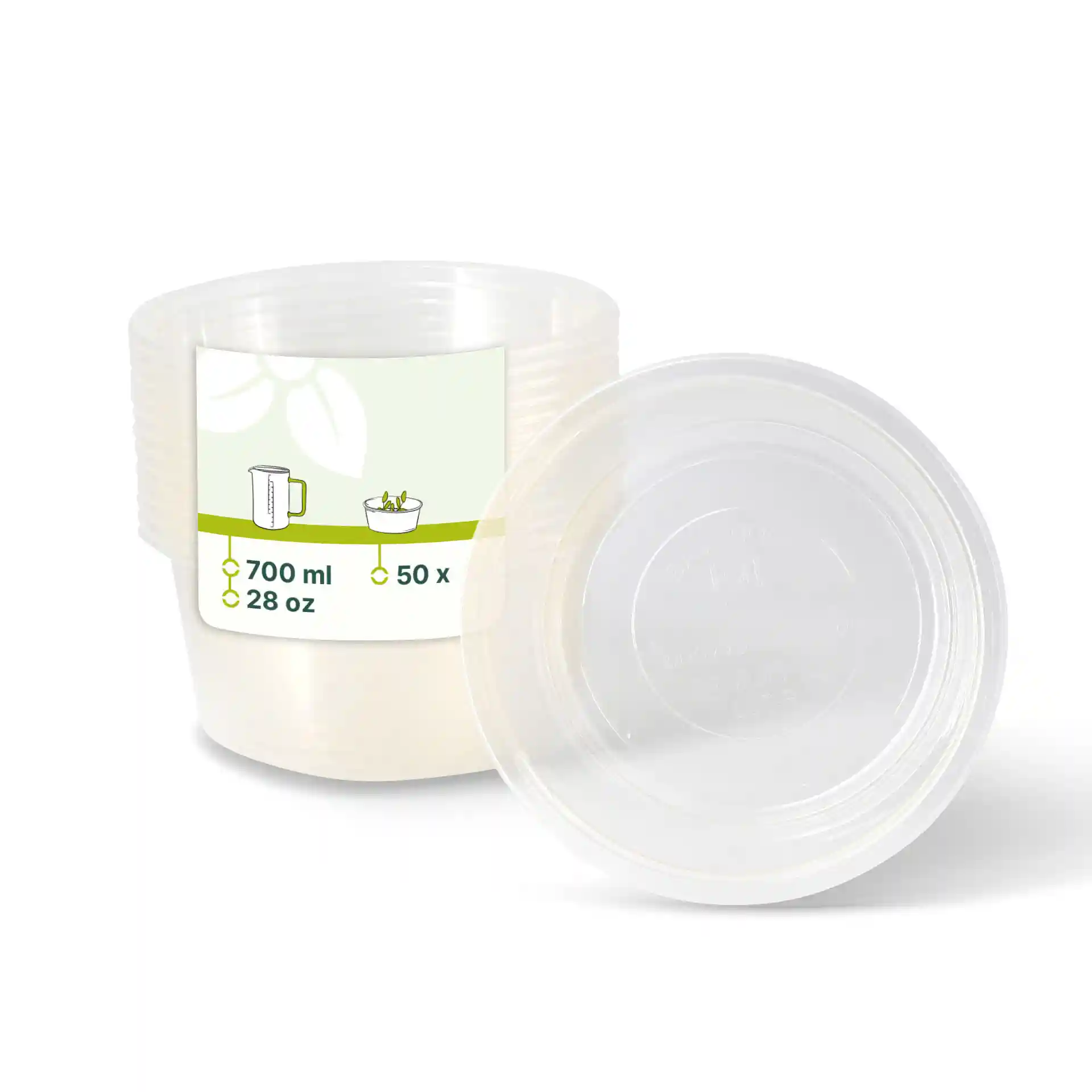 Transparent round deli container with a capacity of 700 ml, shown with a label indicating 50 units.