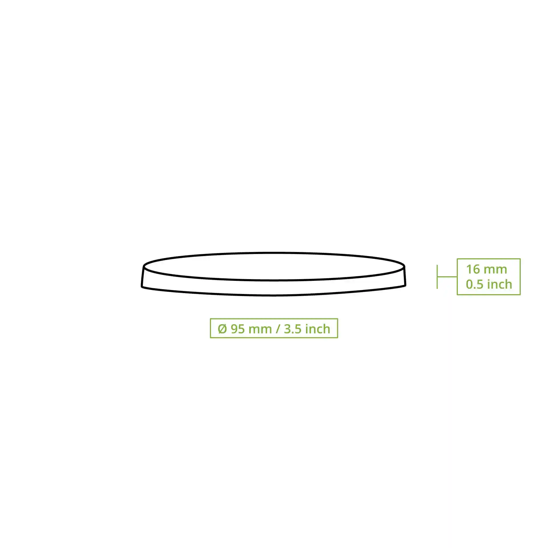 Schematic drawing of a round cardboard lid with a diameter of 95 mm and height of 16 mm.