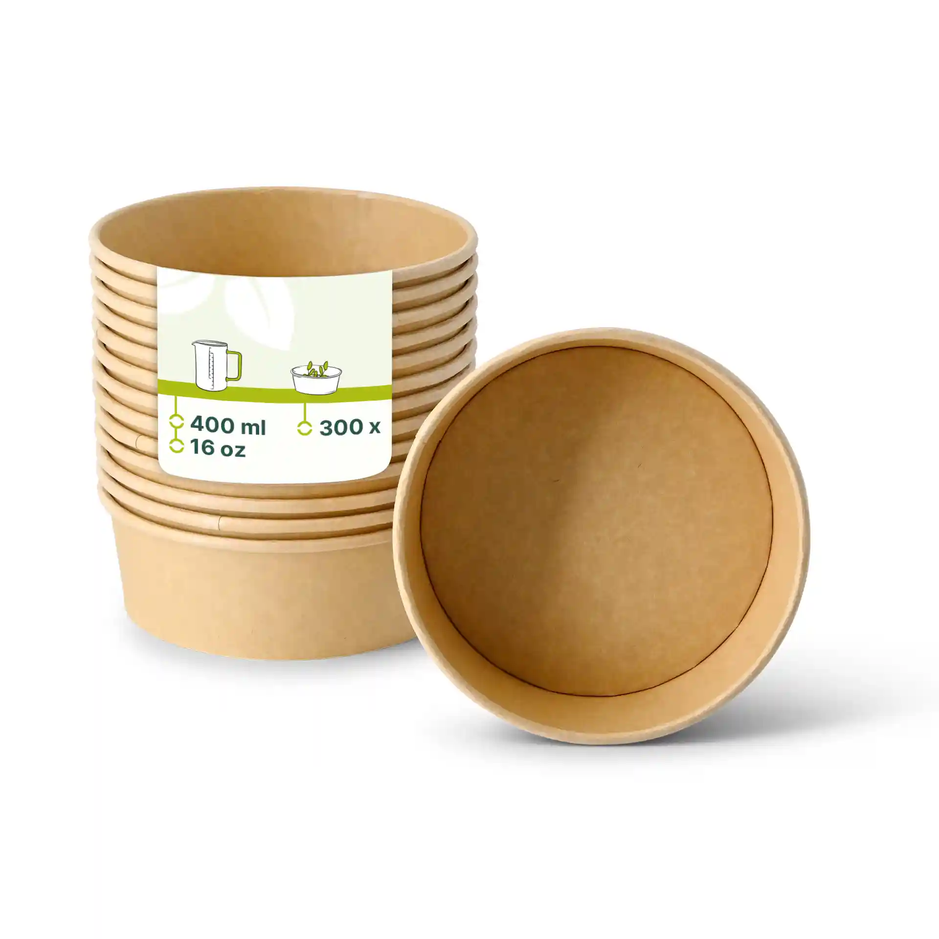 Brown cardboard bowls stacked with one bowl in front, showing a round shape and eco-friendly coating.