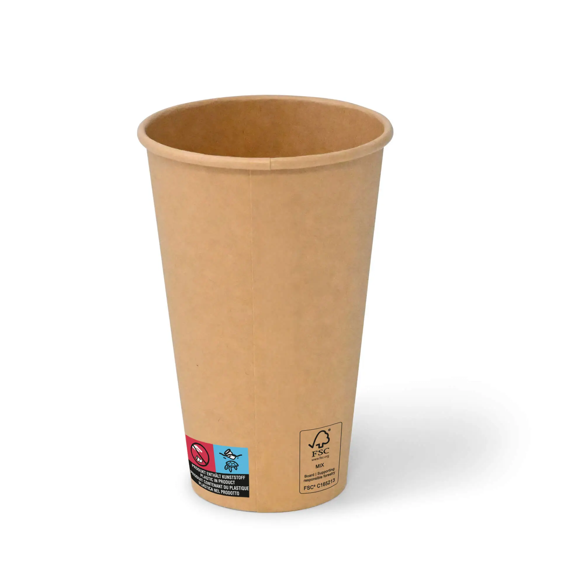 One brown 16 oz paper cup with a PE coating; features a vertical label with markings for materials and recycling.