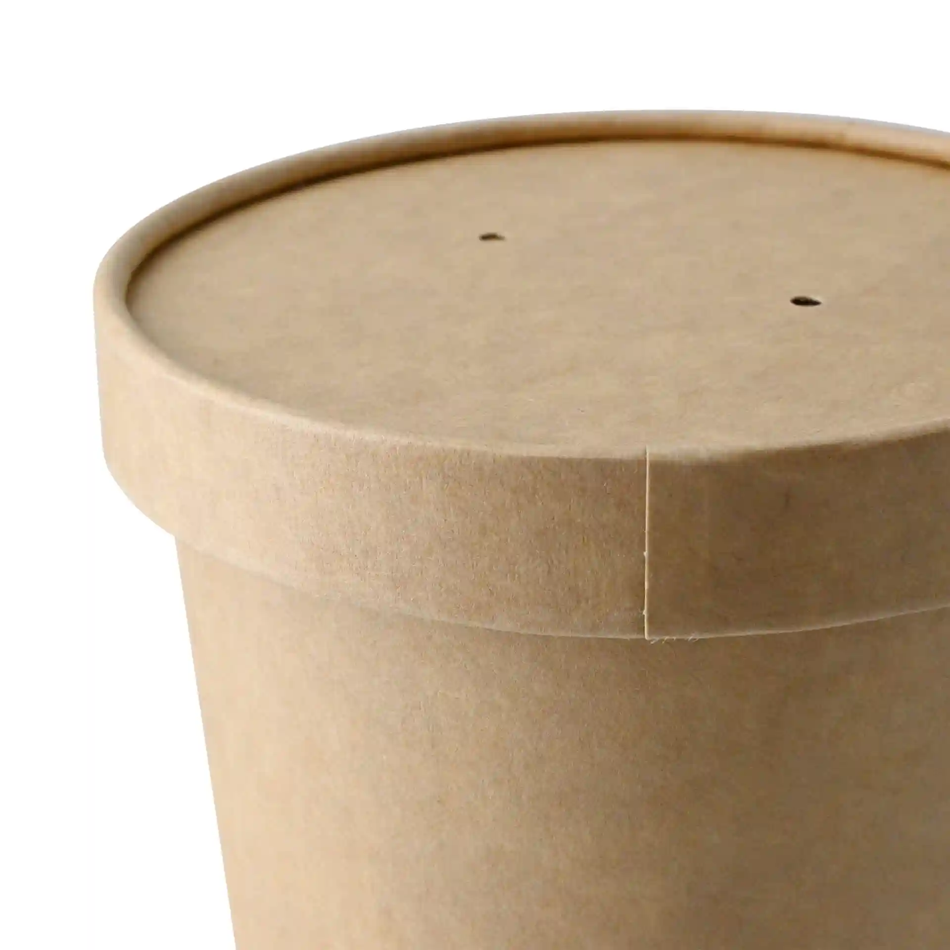 Brown cardboard lid with two small holes, designed for a round container, measuring 100 mm in diameter.
