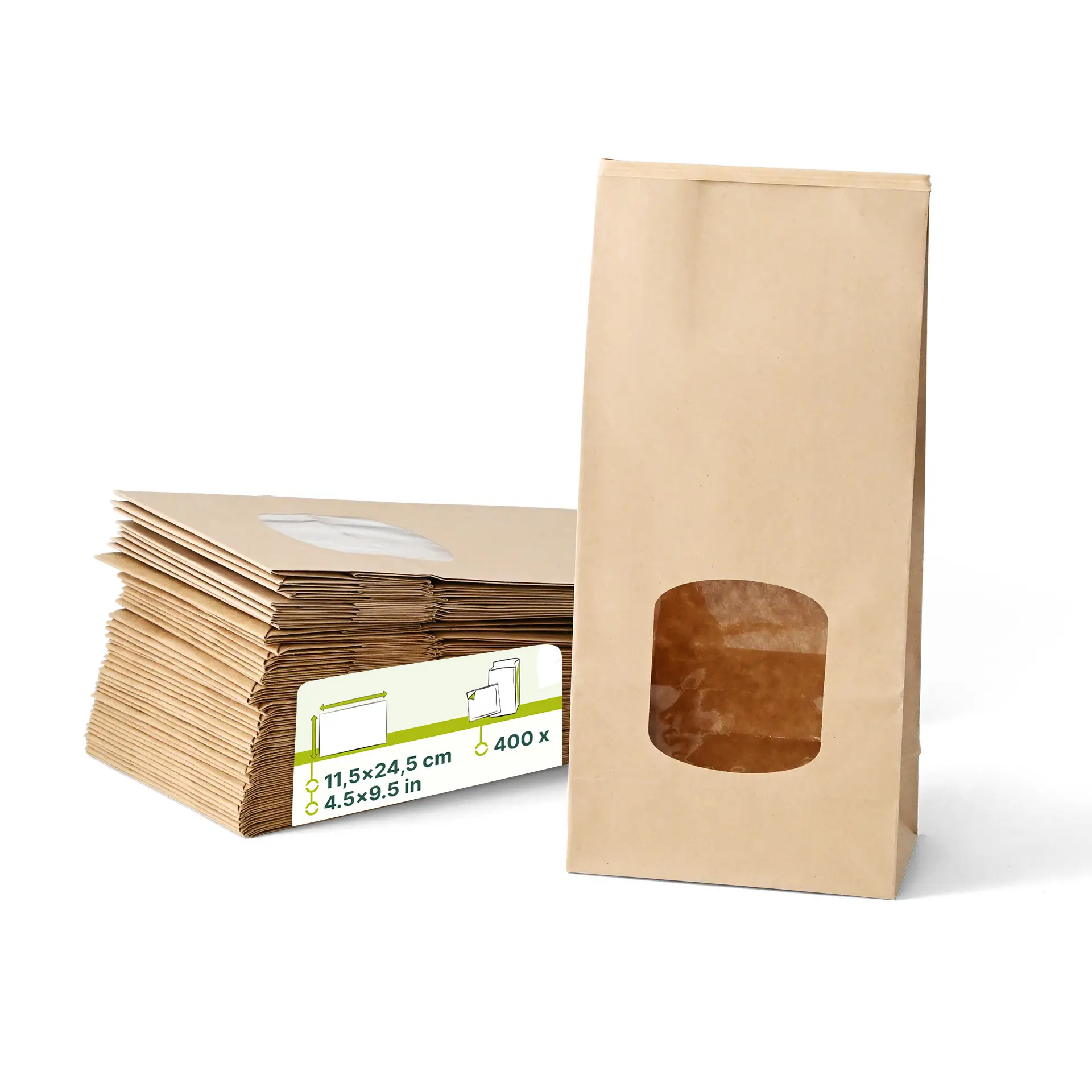 Brown kraft paper bag with a transparent window, block bottom design, and tin tie closure, measuring 11.5 x 7 x 24.5 cm.