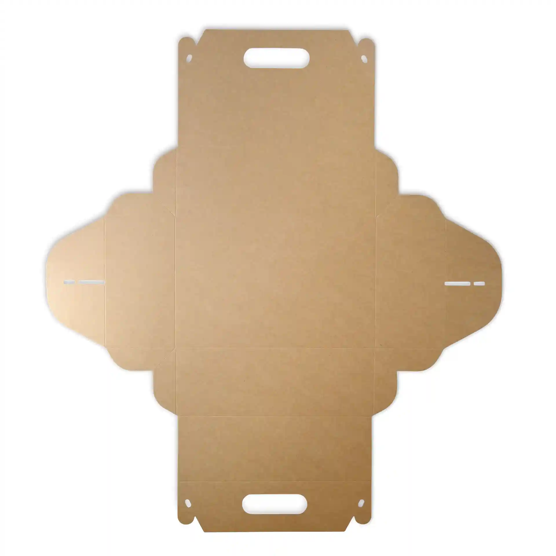 Brown rectangular cardboard pastry box flat layout with cut-out handles and fold lines.