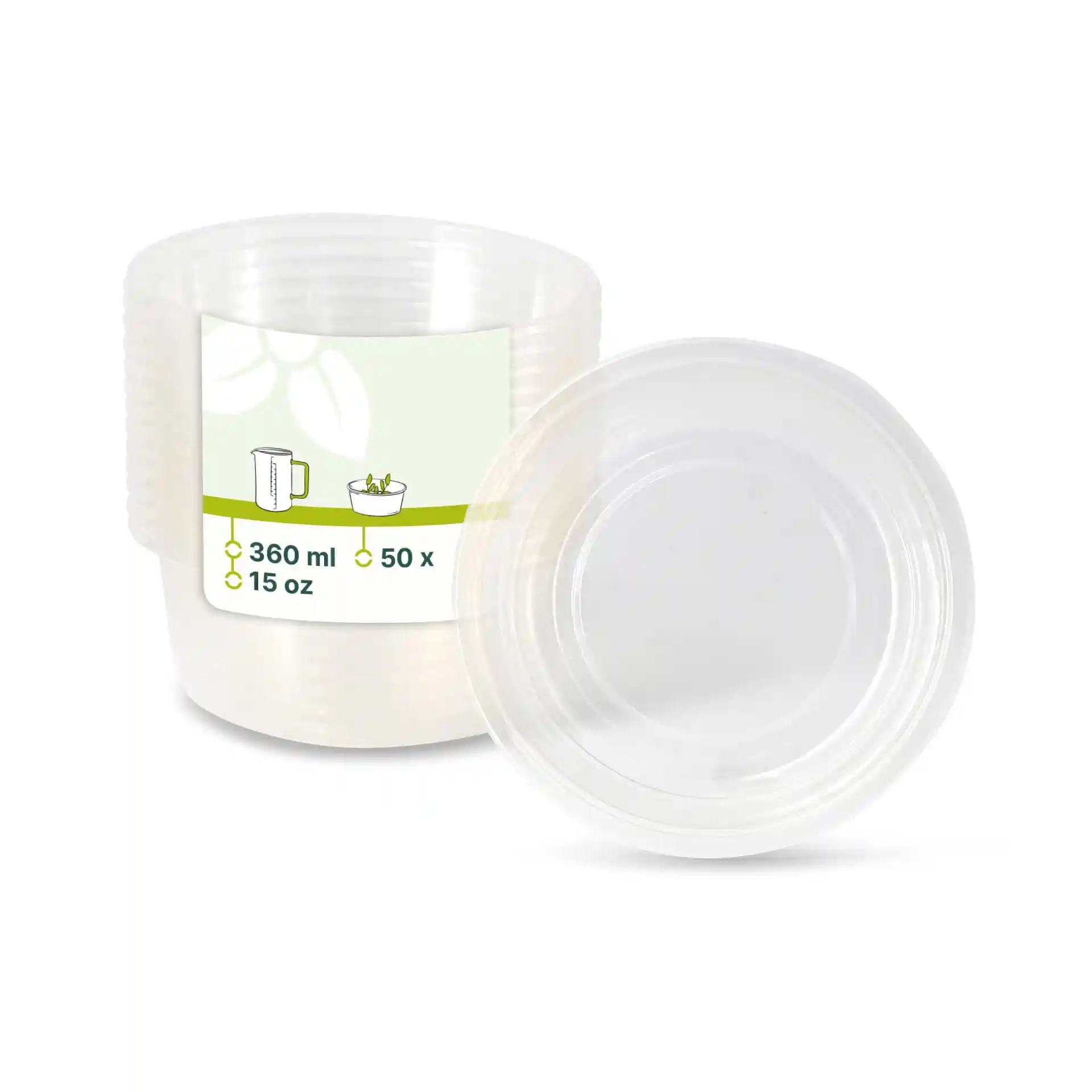 Transparent round deli container with a capacity of 360 ml and a diameter of 121 mm, shown with another container beside it.