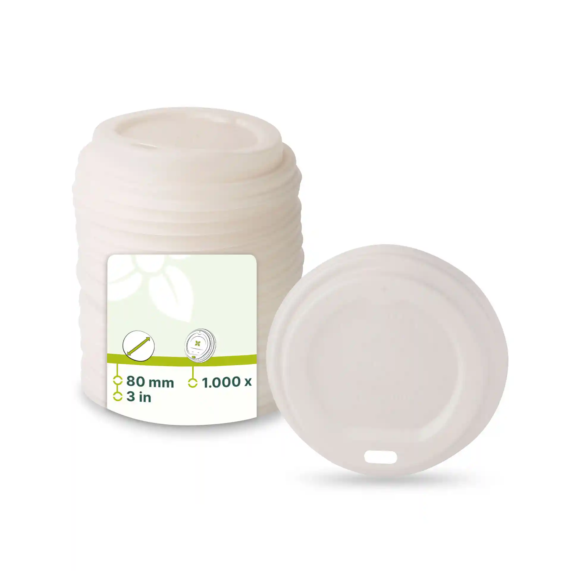 White CPLA lid with a drinking hole, 80 mm diameter, shown with a stack of similar lids.