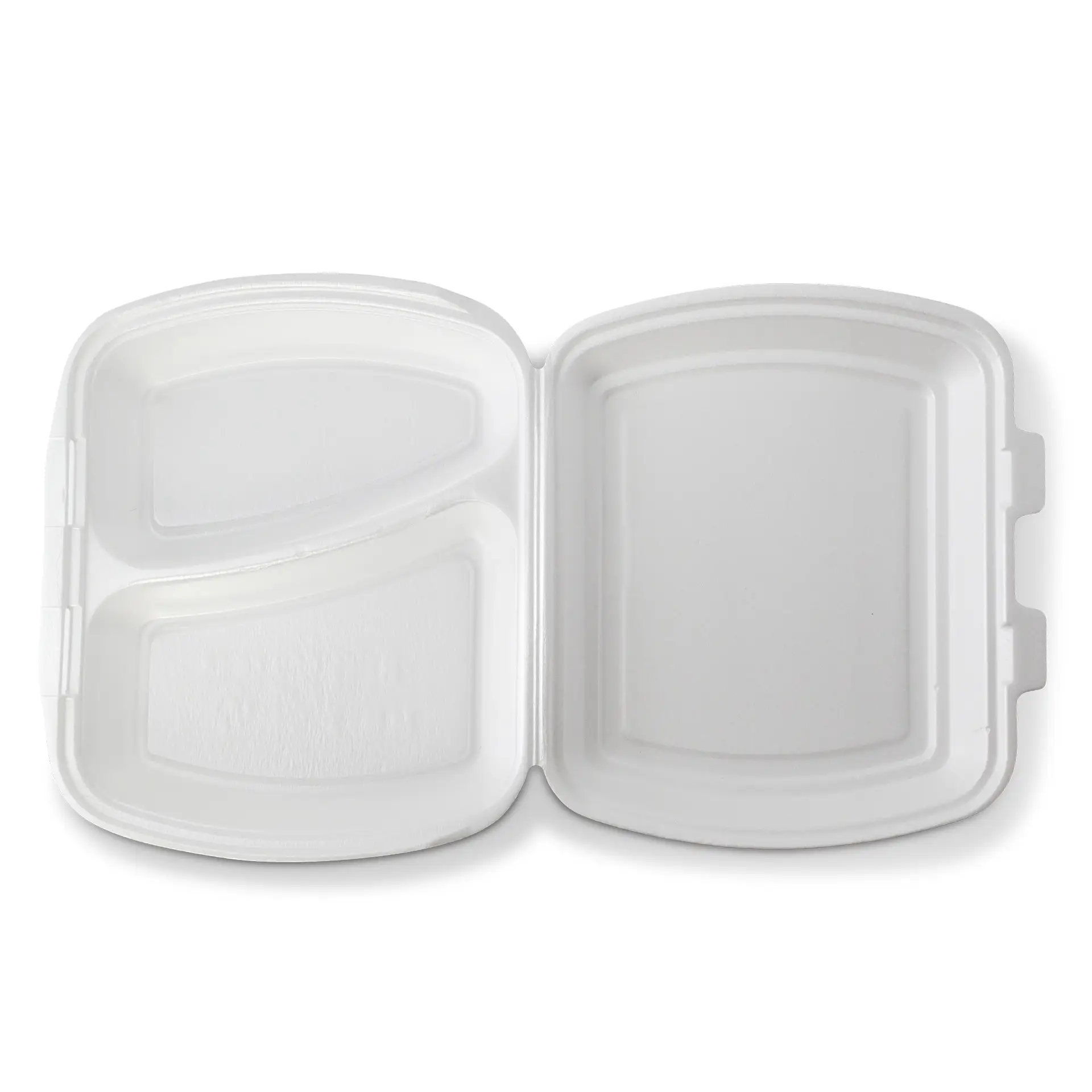 White food takeout container with one large and one small compartment, open to show inner sections.