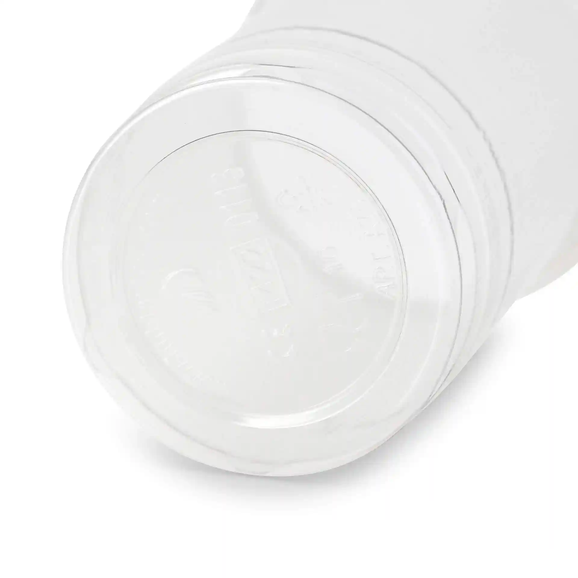 Clear plastic cup with a round base, showing the bottom details and markings.