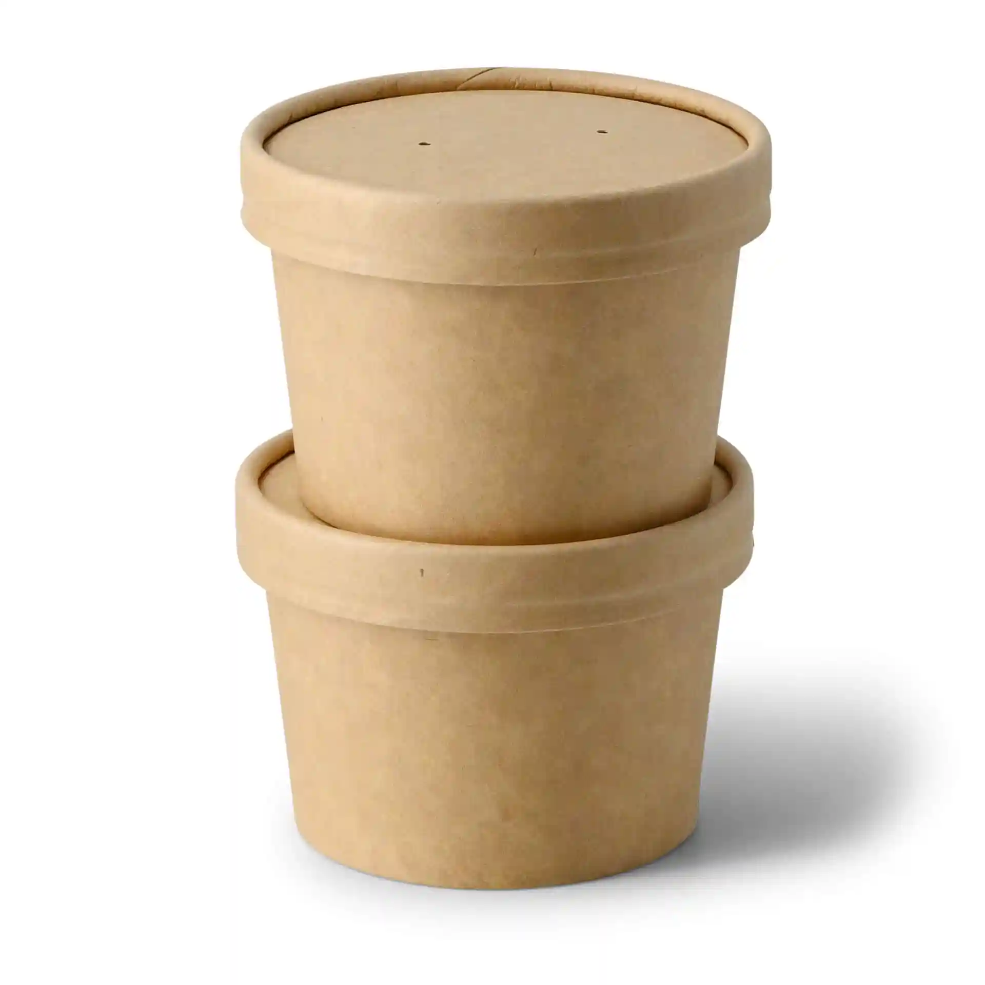 Brown cardboard soup cups stacked, with a lid on the top cup, showing a round shape and eco-friendly coating.