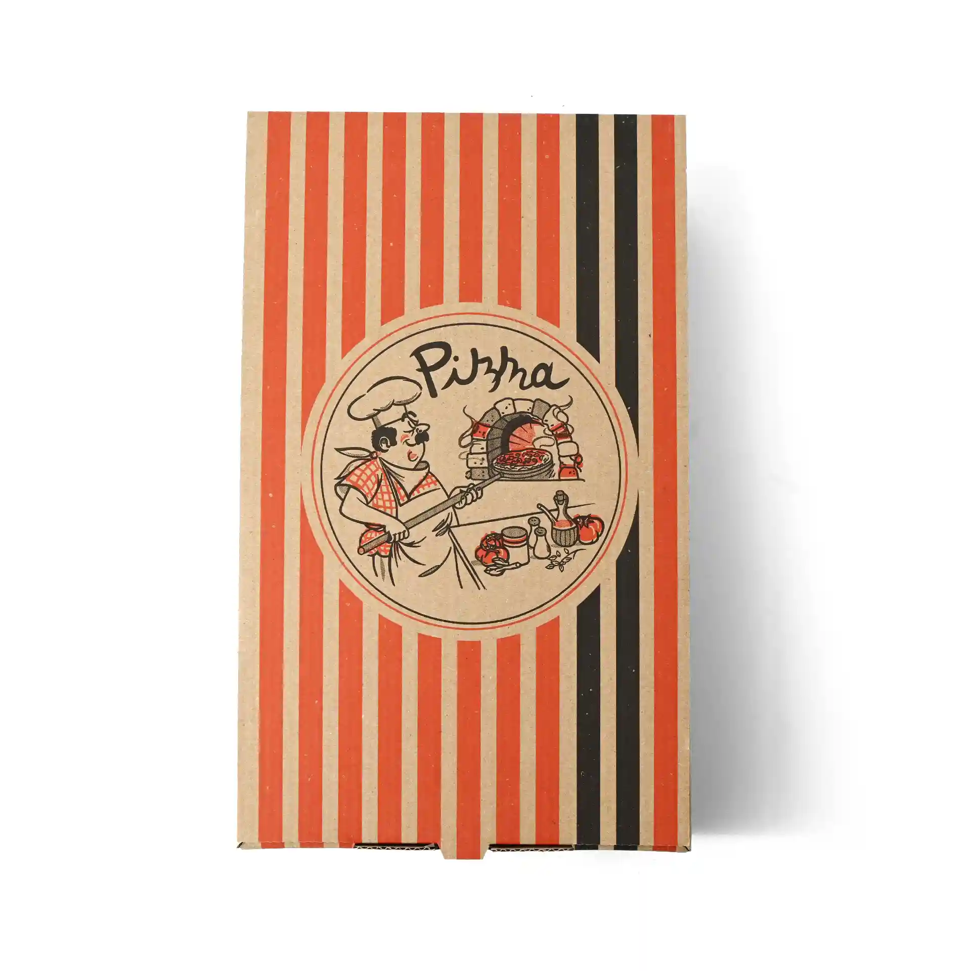 Brown pizza box with a pizza chef design, featuring red and black stripes, measuring 27 x 16 x 7 cm.