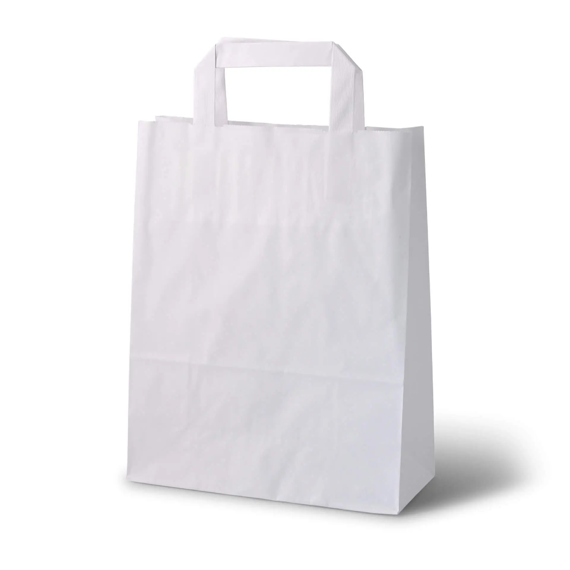 White paper carrier bag, tear-resistant, 70 gsm, can hold up to 2.5 kg; suitable for shopping and groceries.