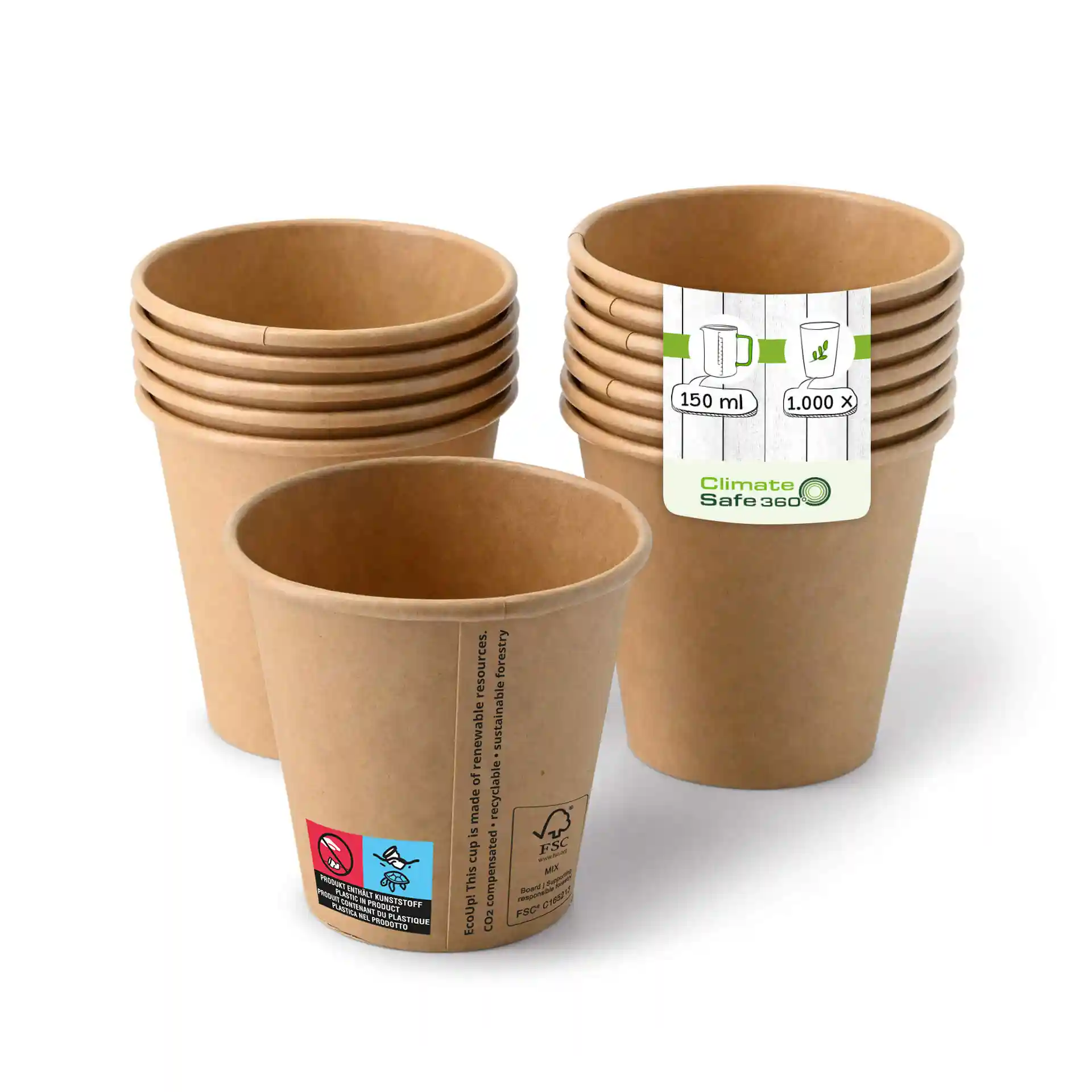 Brown paper cups stacked with one cup in front, showing a label and a coating. Each cup has a 150 ml capacity.