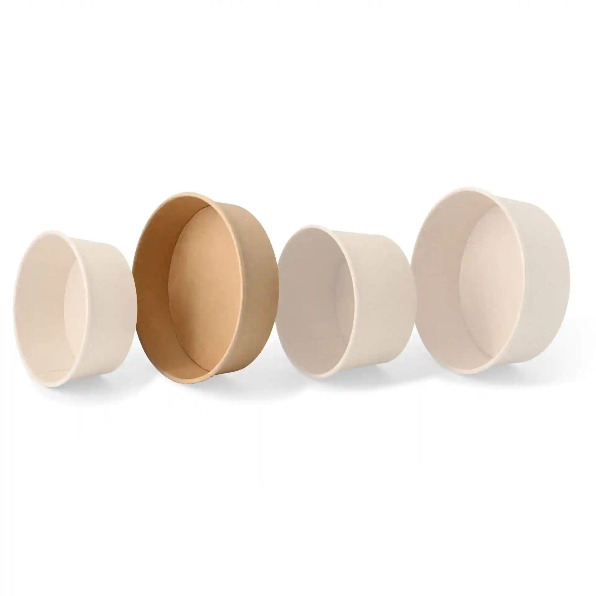 Image of three round cardboard bowls, two in white and one brown, with visible interiors.