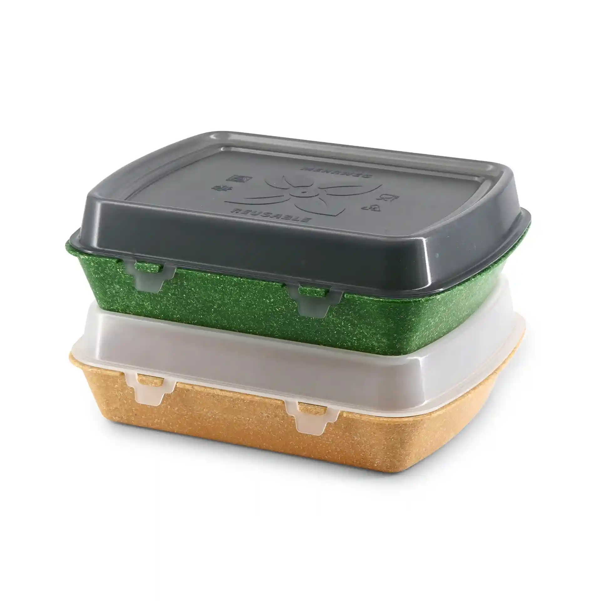 Stacked reusable containers in green and beige with dark gray lids, rectangular shape, on a plain background.