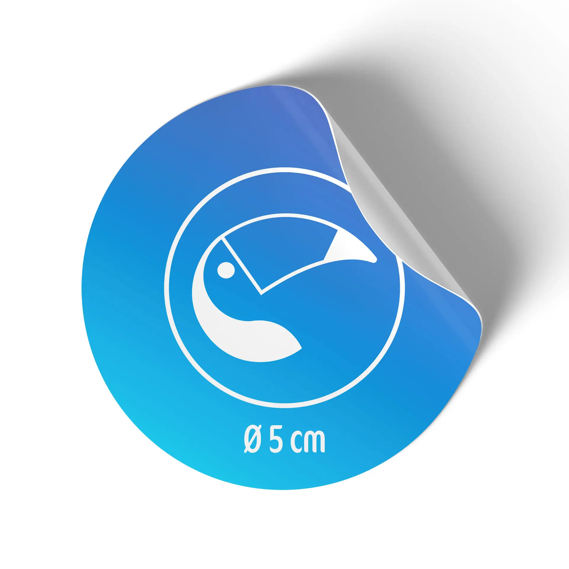 Round glossy label, 5 cm diameter, featuring a white graphic design on a blue background, with a corner peeling up.