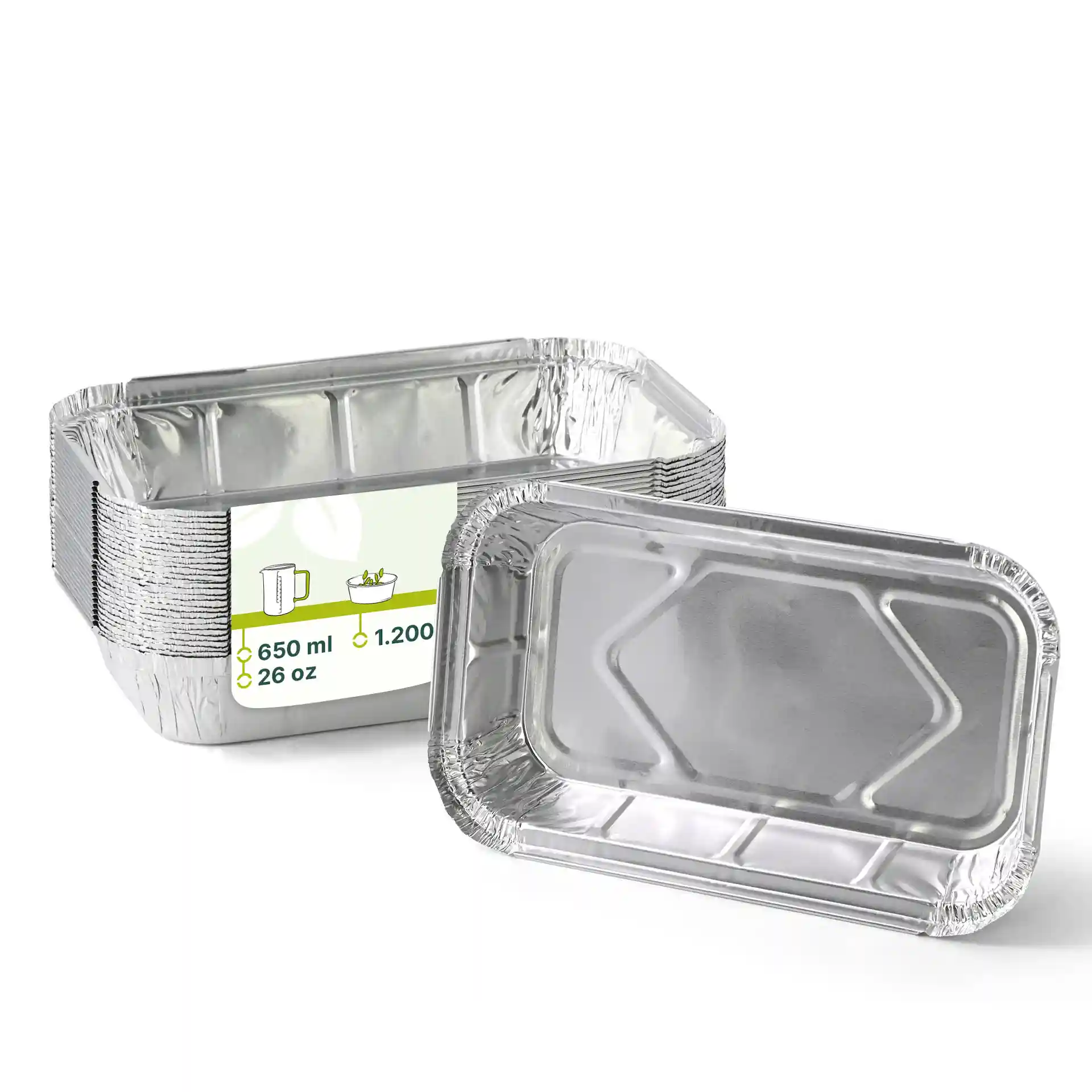Rectangular aluminum container measuring 22.4 x 13.2 x 3.4 cm, with a filling volume of 650 ml.