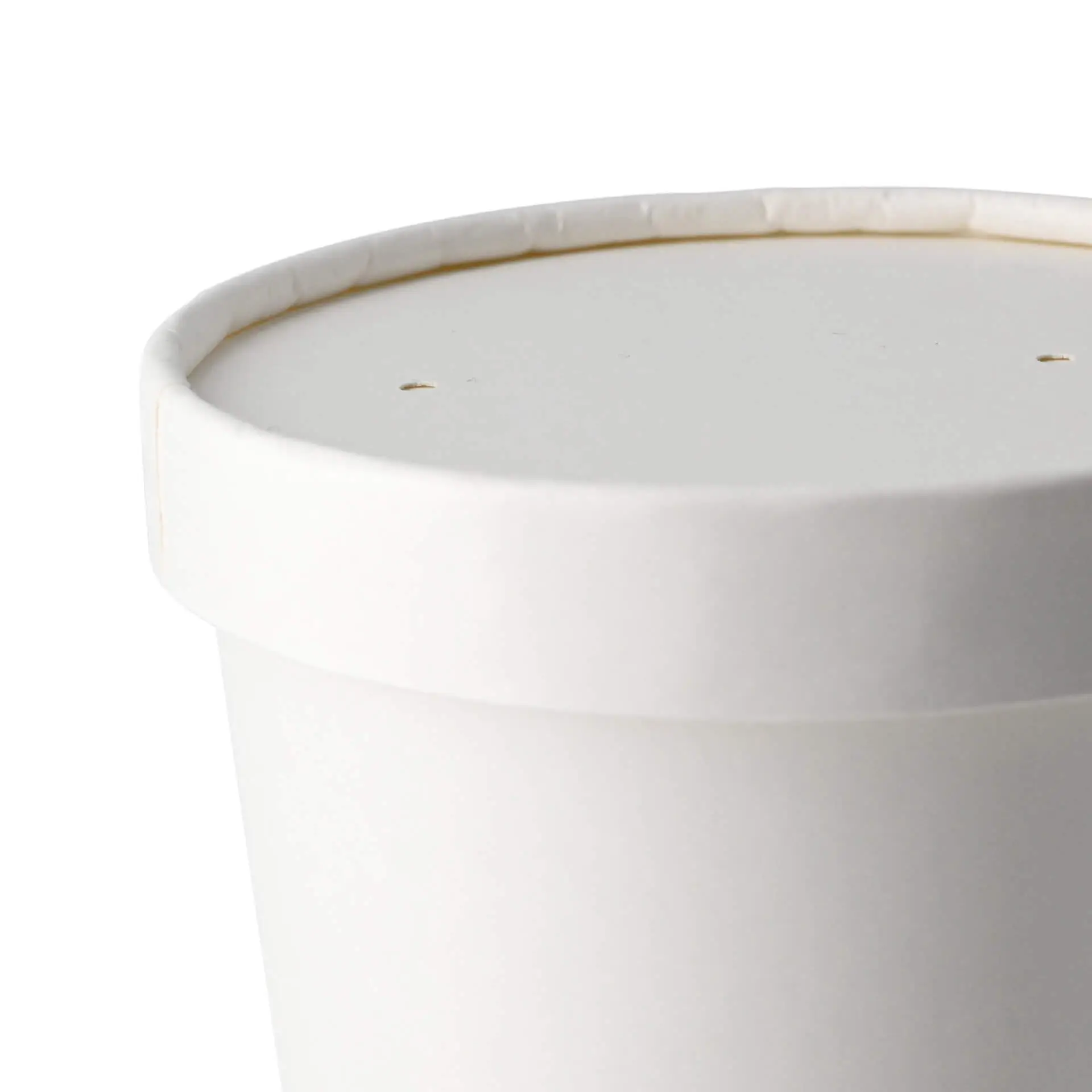 White cardboard lid with a diameter of 100 mm and a height of 17 mm, featuring two small holes on top.