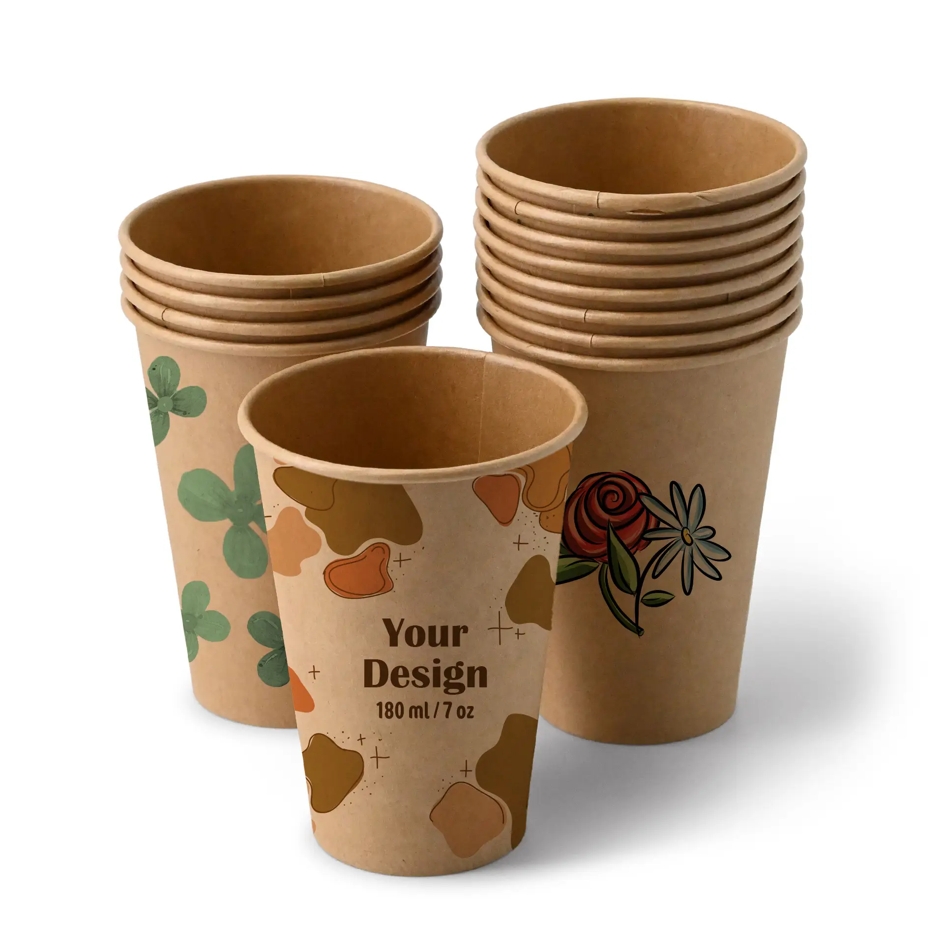 Paper cups with logo (single-wall), 180 ml / 7 oz, brown, PLA coated