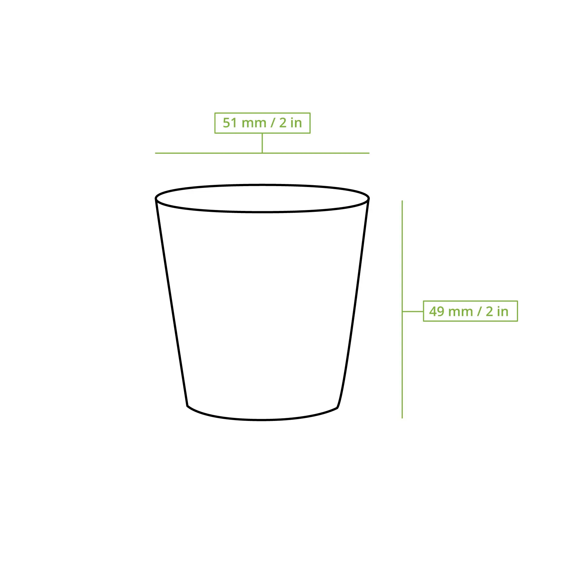 White paper shot cup with a calibration mark, dimensions 51 mm x 49 mm; designed for tasting beverages and biodegradable.