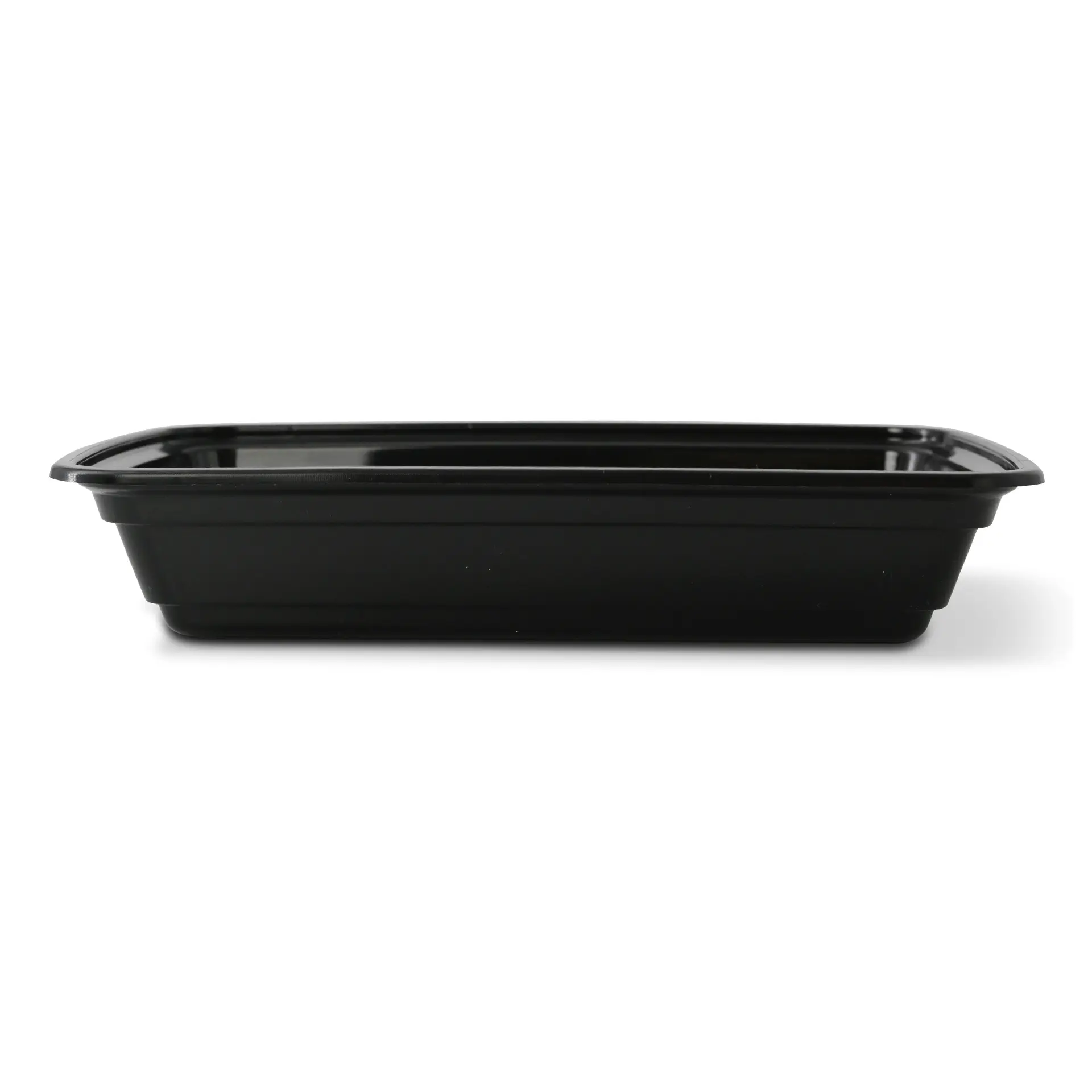 Reusable black rectangular container for hot and cold dishes, 450 ml capacity, microwave-safe and dishwasher-safe.