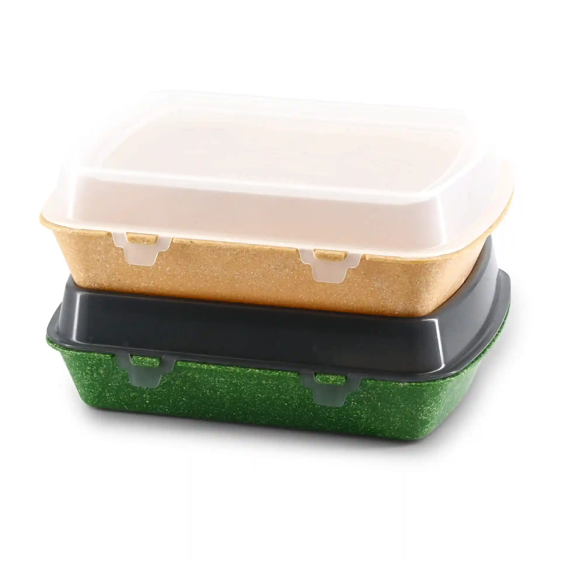Stack of three rectangular reusable menu containers in brown, green, and black with a clear lid on top.