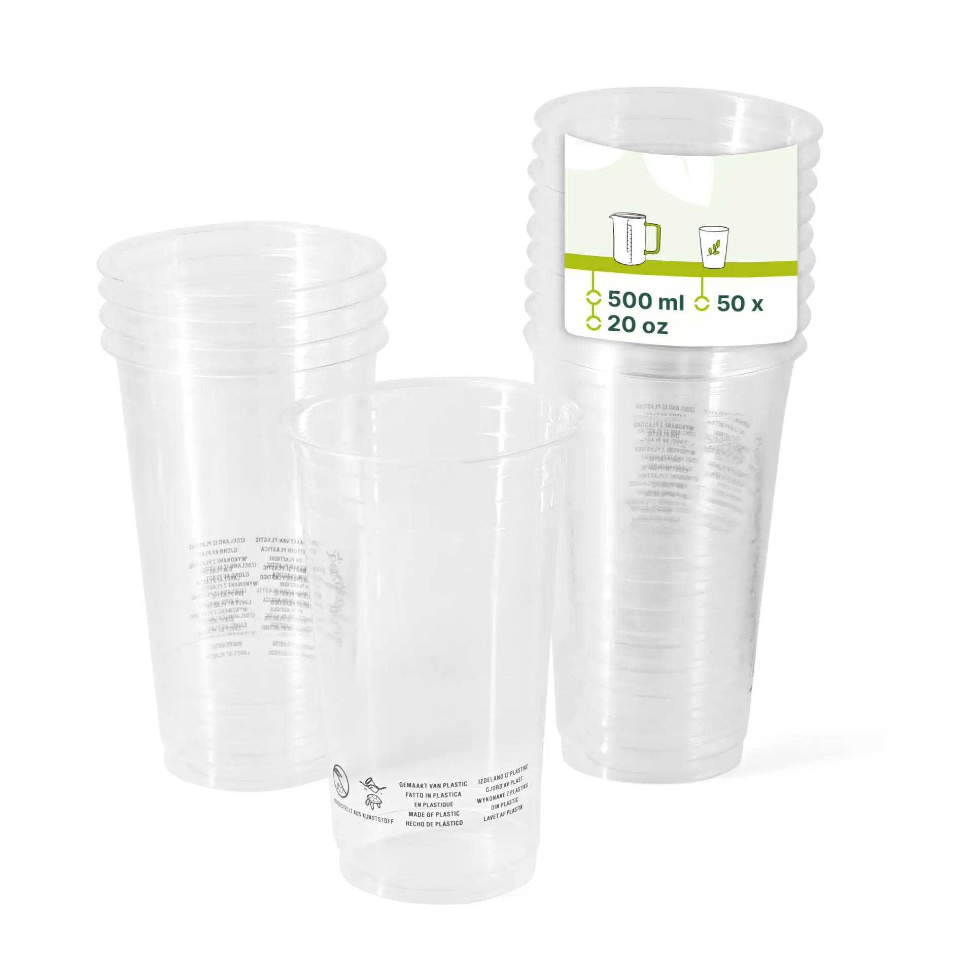 Clear PLA plastic cups stacked, each with a capacity of 500 ml and a diameter of 95 mm, showing printed markings.
