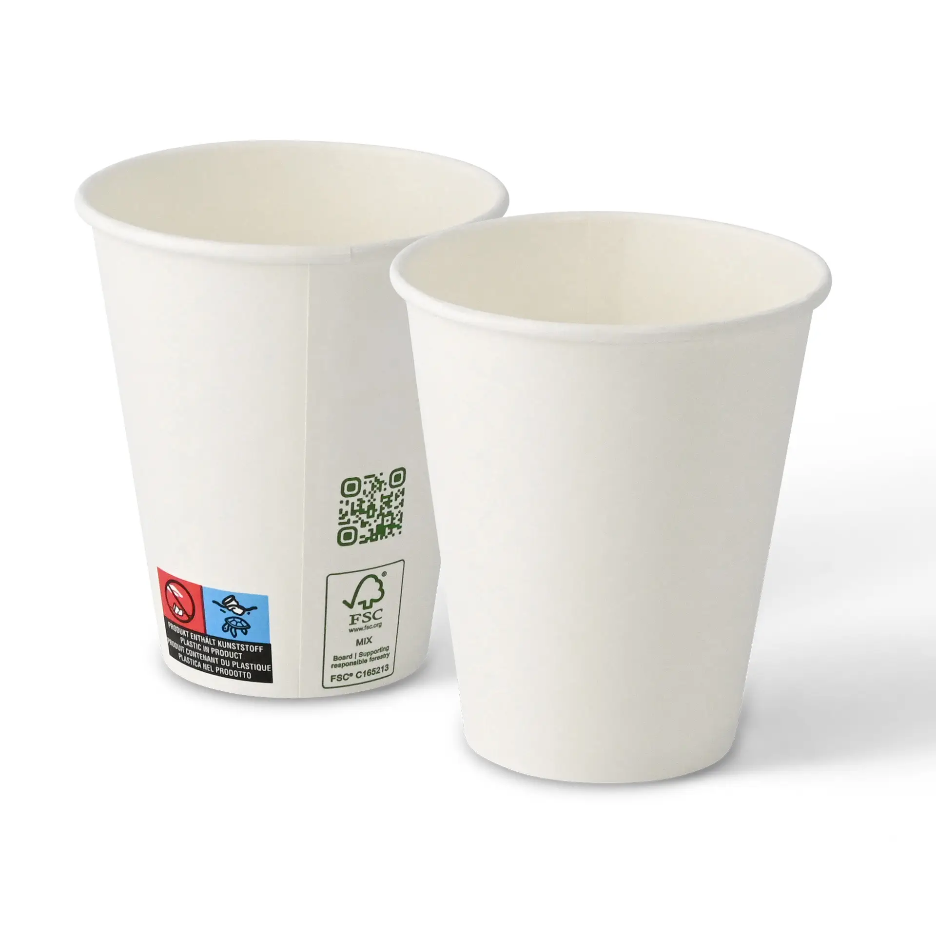 White paper cups, 250 ml capacity, single wall, with visible labels and markings on the side.
