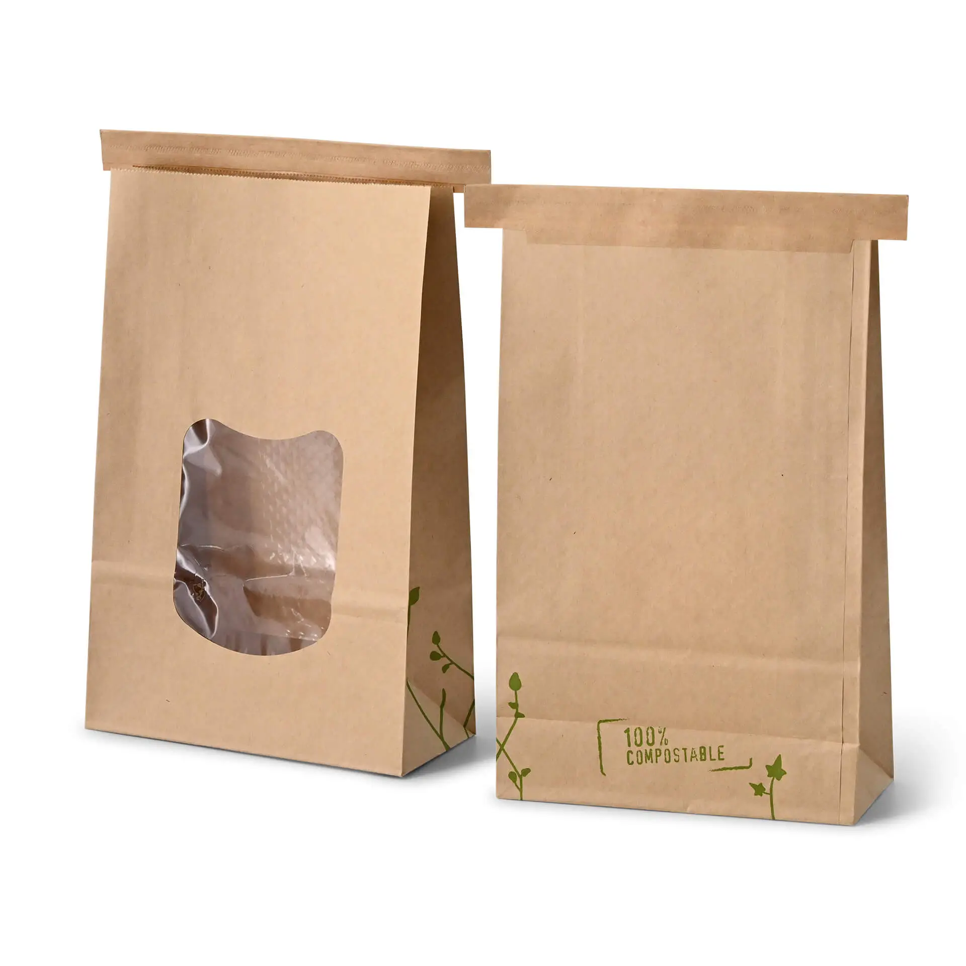 Block bottom bags with window L, 15.5 x 7 x  24.2 cm, PLA-foil, brown, tin tie, kraft paper