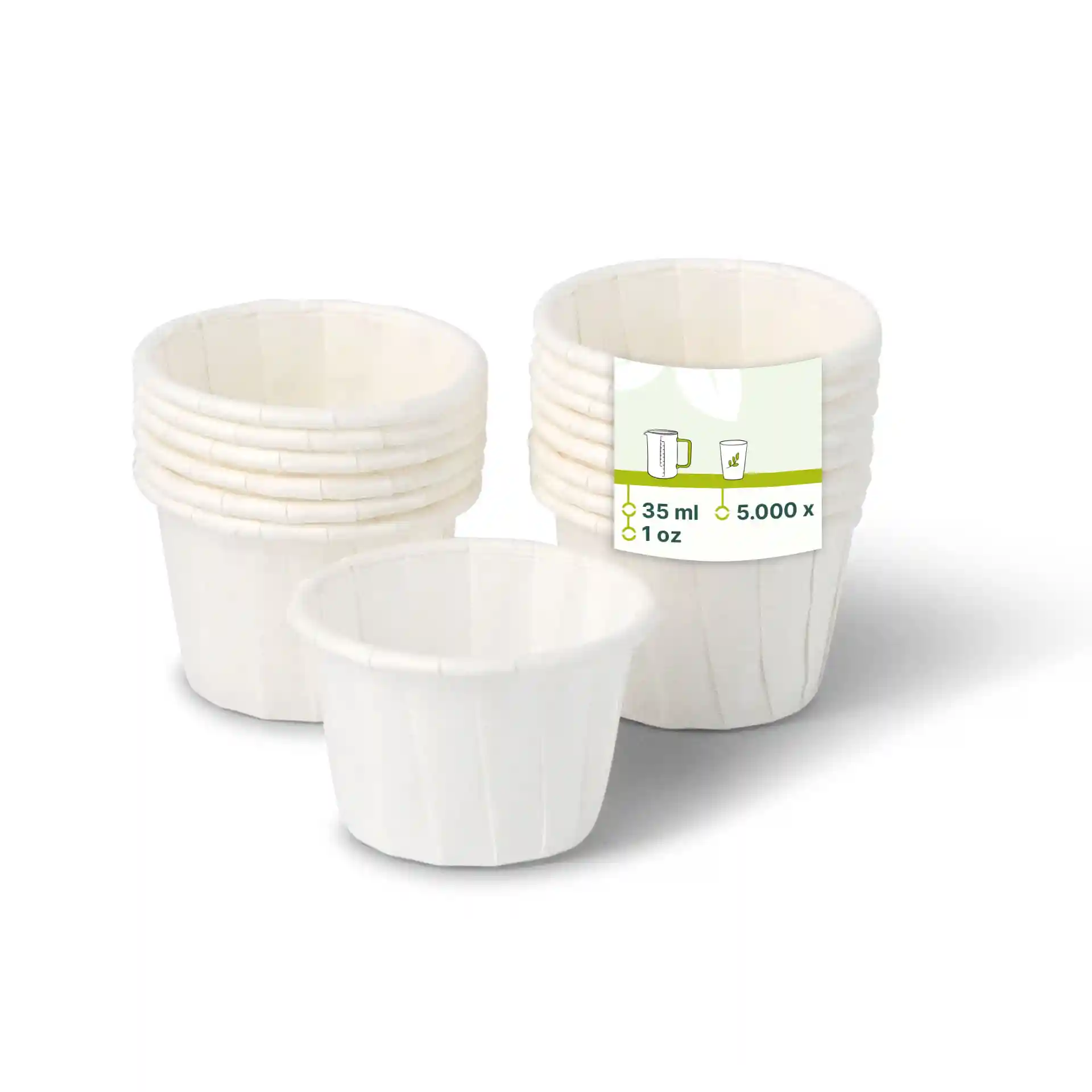 White paper cups stacked with one cup in front, each holding 35 ml, with a label showing product details.
