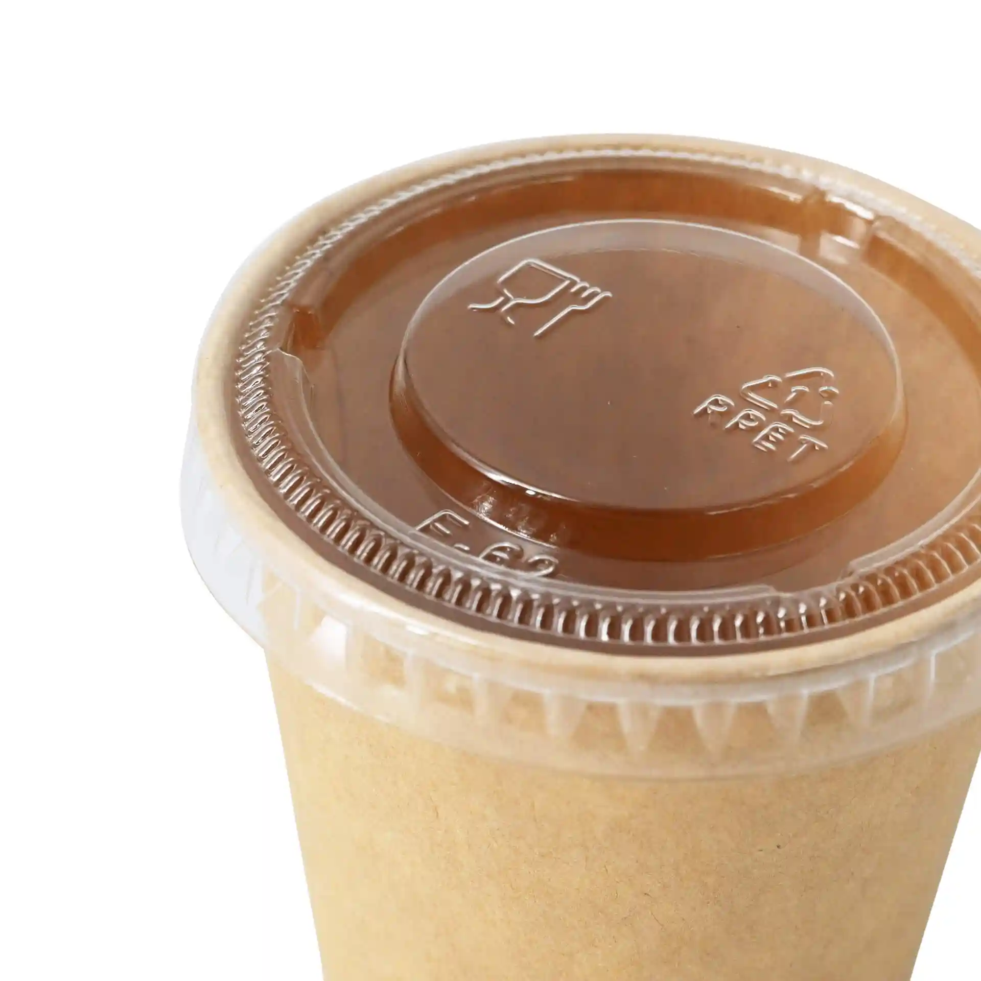 Transparent rPET lid with a diameter of 62 mm, featuring a smooth surface and a slight rim.