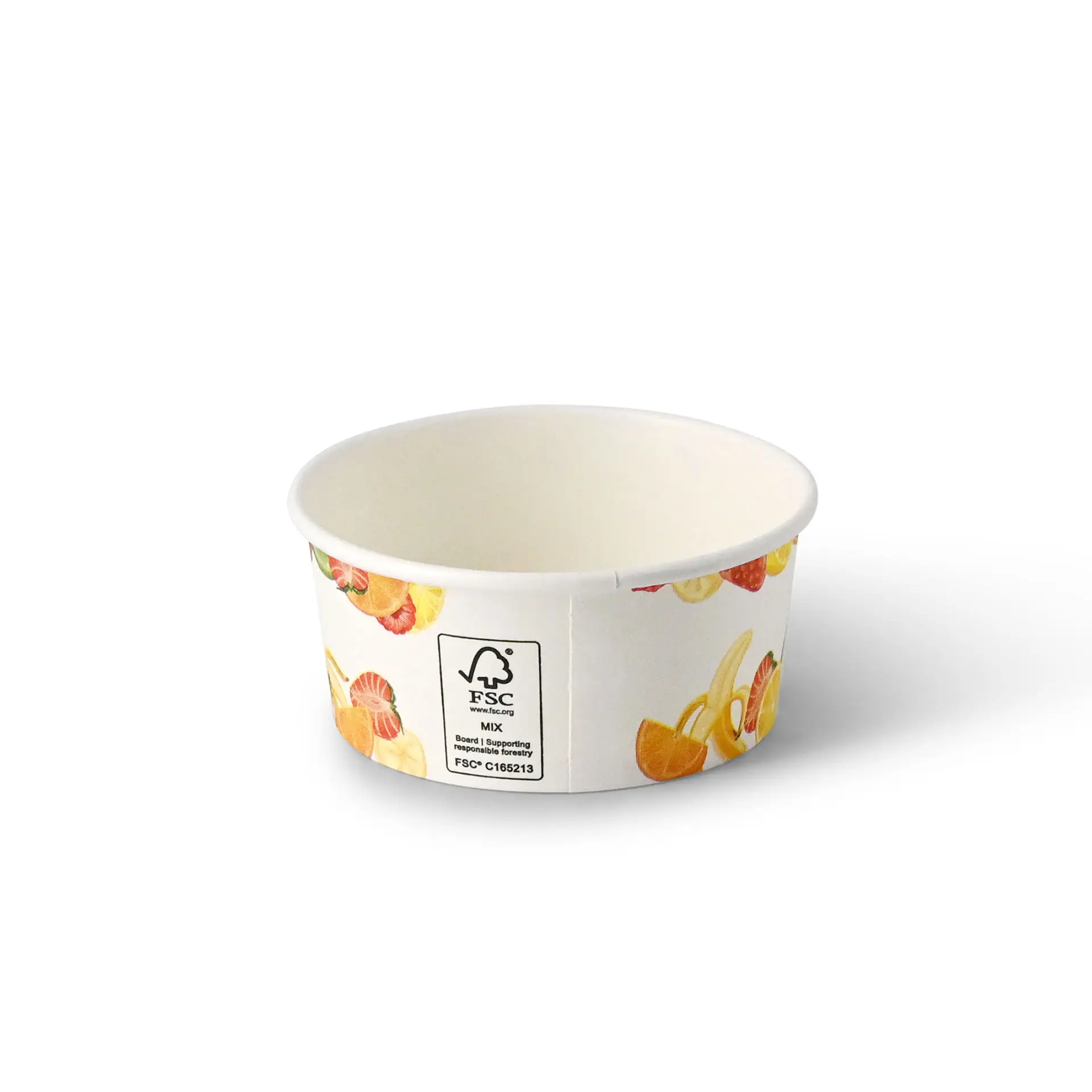 Round paper cup with printed fruit design, 4 oz capacity, made of cardboard, diameter 92 mm, height 42 mm.