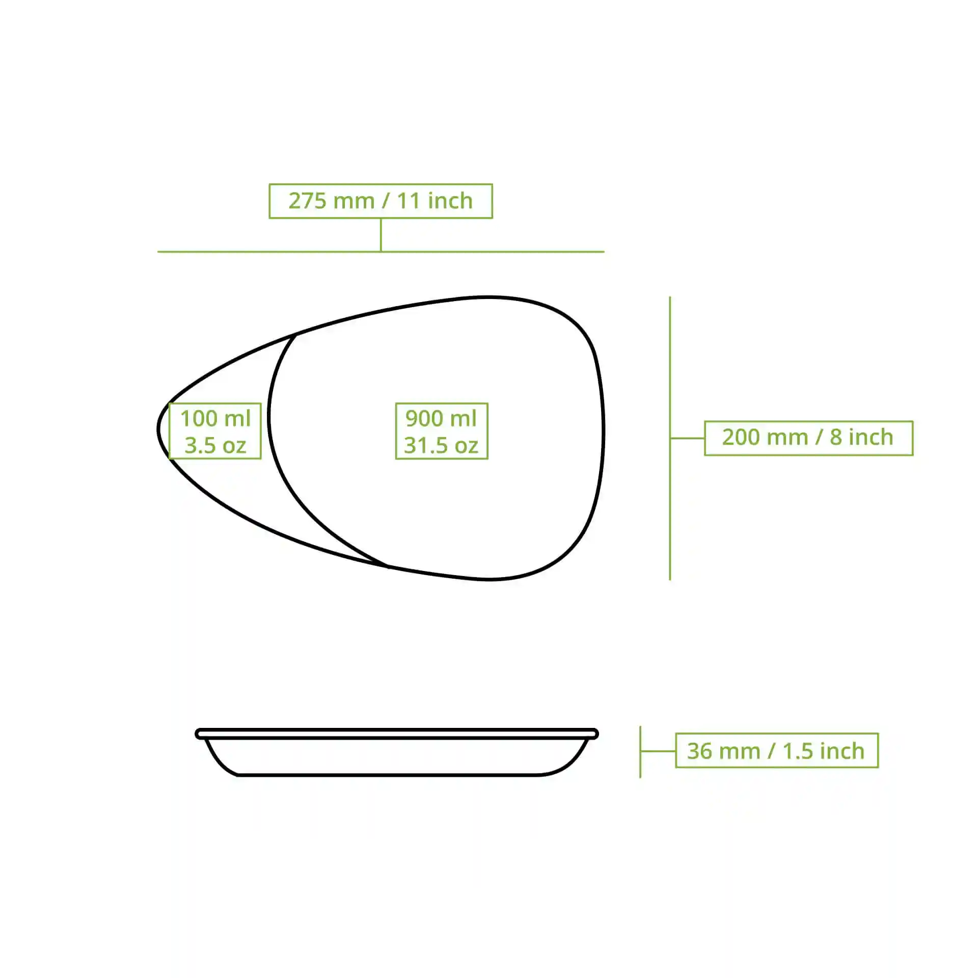 Schematic drawing of a divided plate with two compartments, showing dimensions and volume markings.