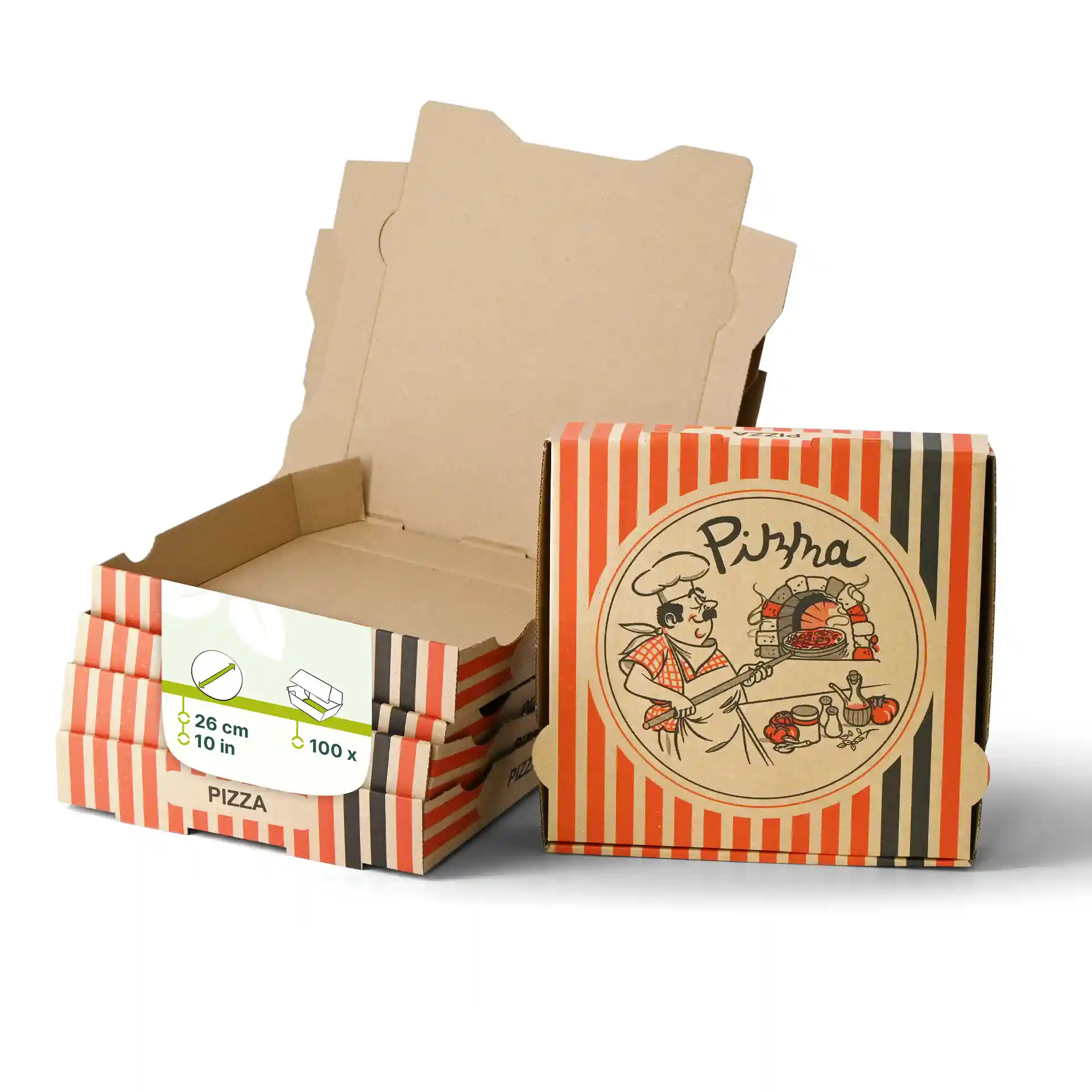 Brown pizza box with a pizza chef design, measuring 26 x 26 x 4 cm, with several boxes stacked behind.